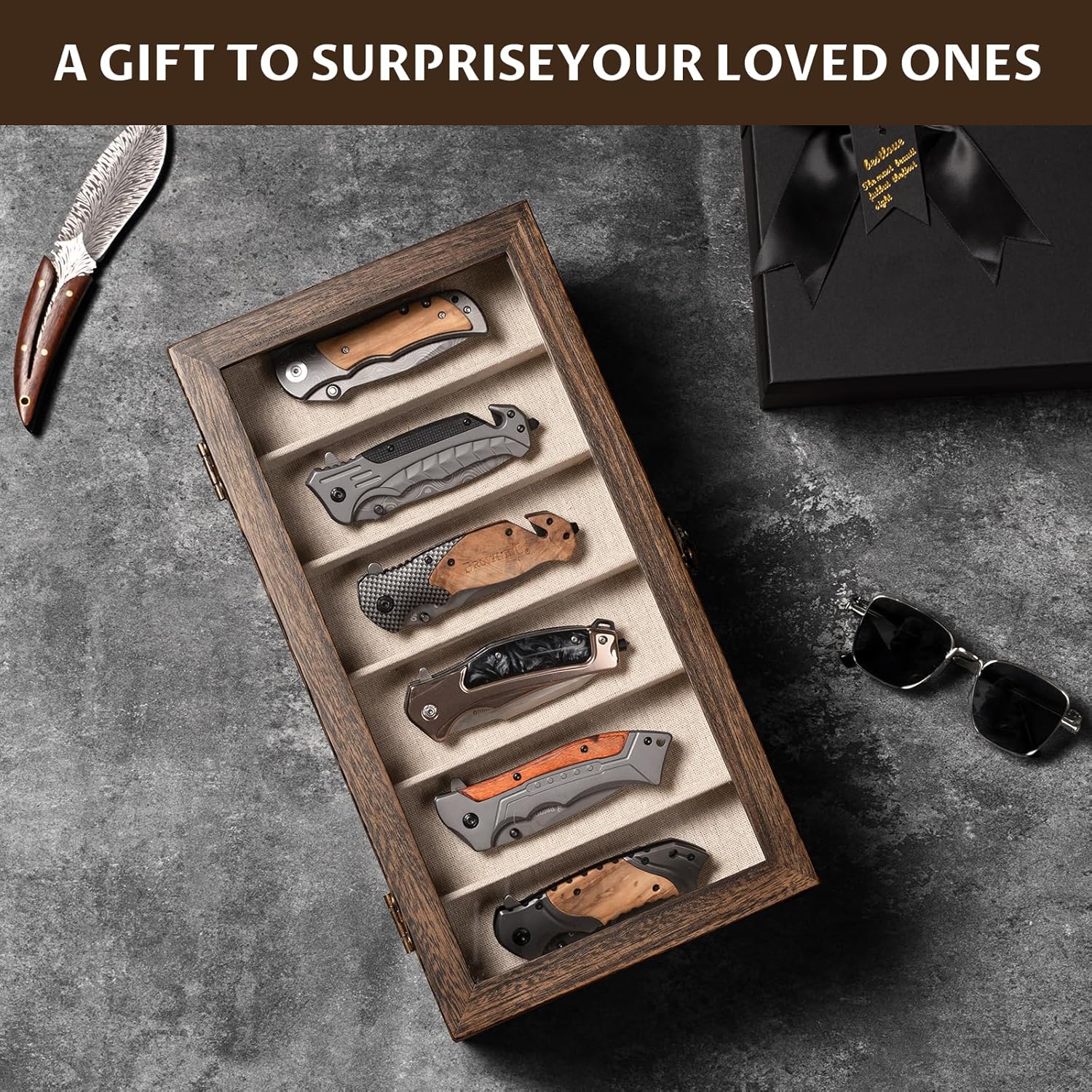 Knives Display Box, 3-Layer Pocket Knives Box Display & Storage Knives, Solid Wood Knives Box for Collections, Gift for Boyfriend Fathers Day Birthday Gifts (Vintage)