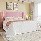 SHA CERLIN Queen Size Velvet Upholstered Platform Bed Frame with Vertical Channel Tufted Wingback Headboard, Wooden Slats Support, Easy Assembly, Under Bed Storage, No Box Spring Required, Pink