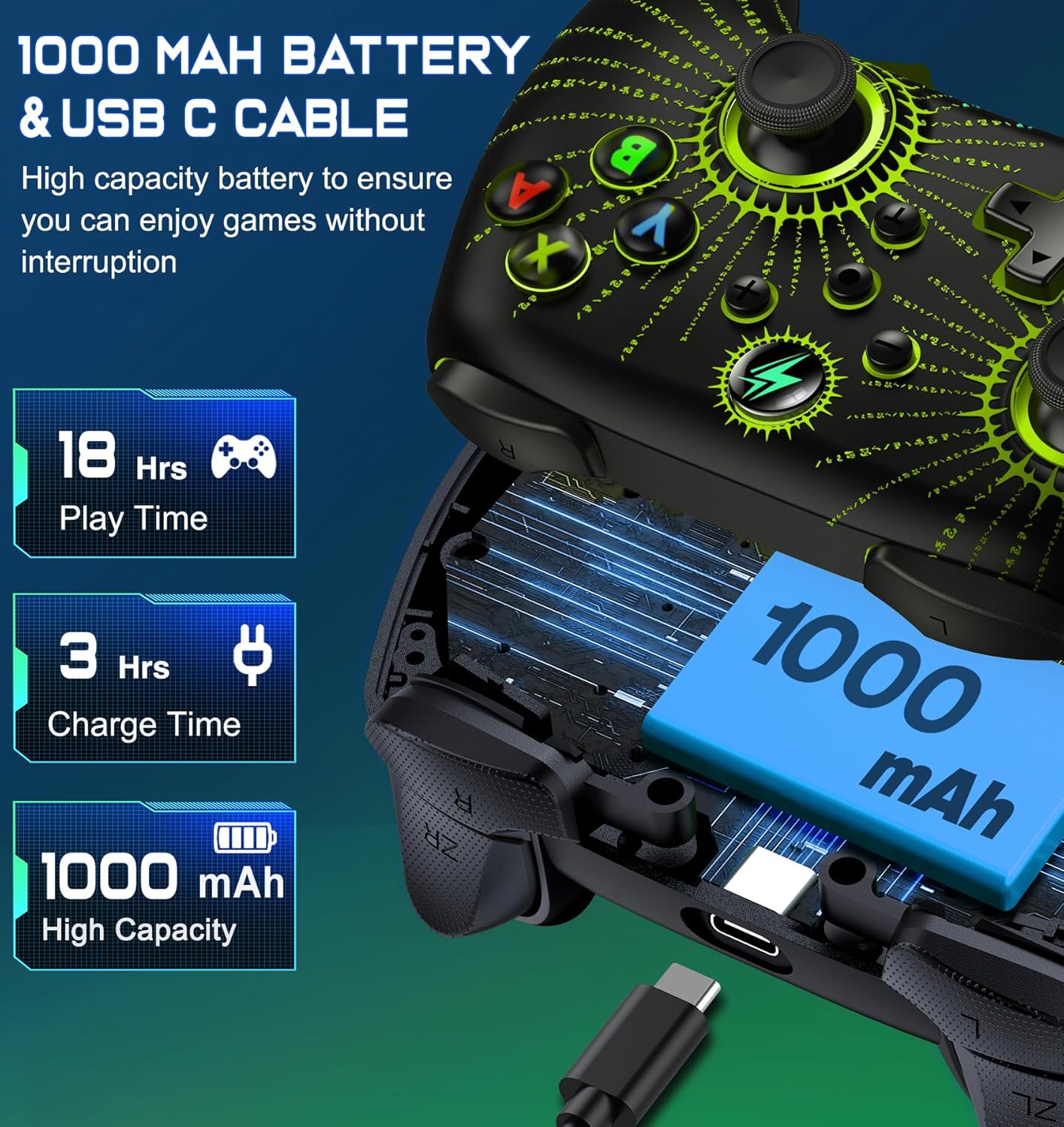 Svetaecho Wireless Controller with 1000mAh battery and USB-C charging cable