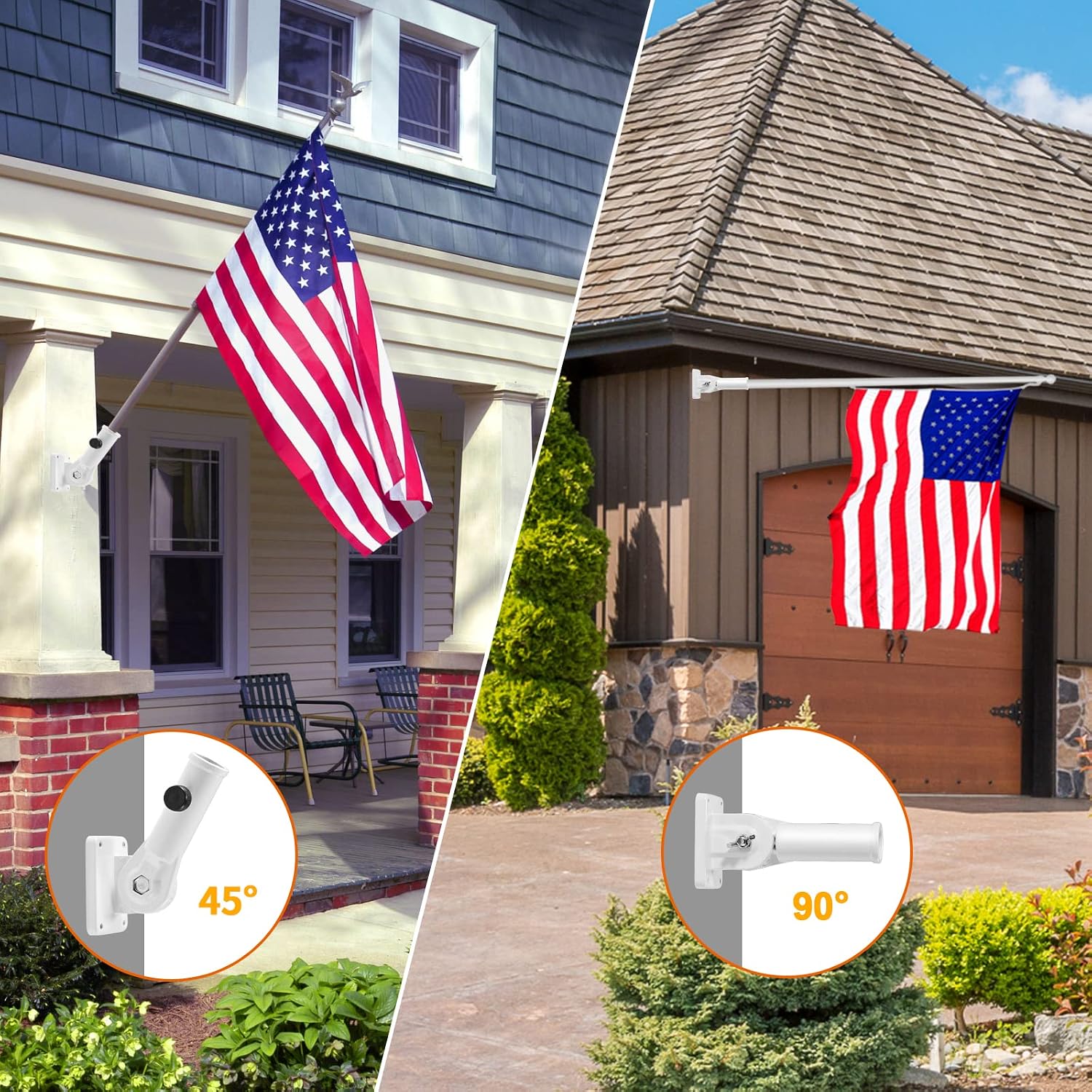 Flag Pole Holder Brackets, BONWIN 1" Flag Pole Mounting Bracket with Hardwares for House Wall Porch, 1" Inner Diameter, 180° Adjustable Multi Positions, Aluminium Alloy(1 Pack White, Multi-Positions)