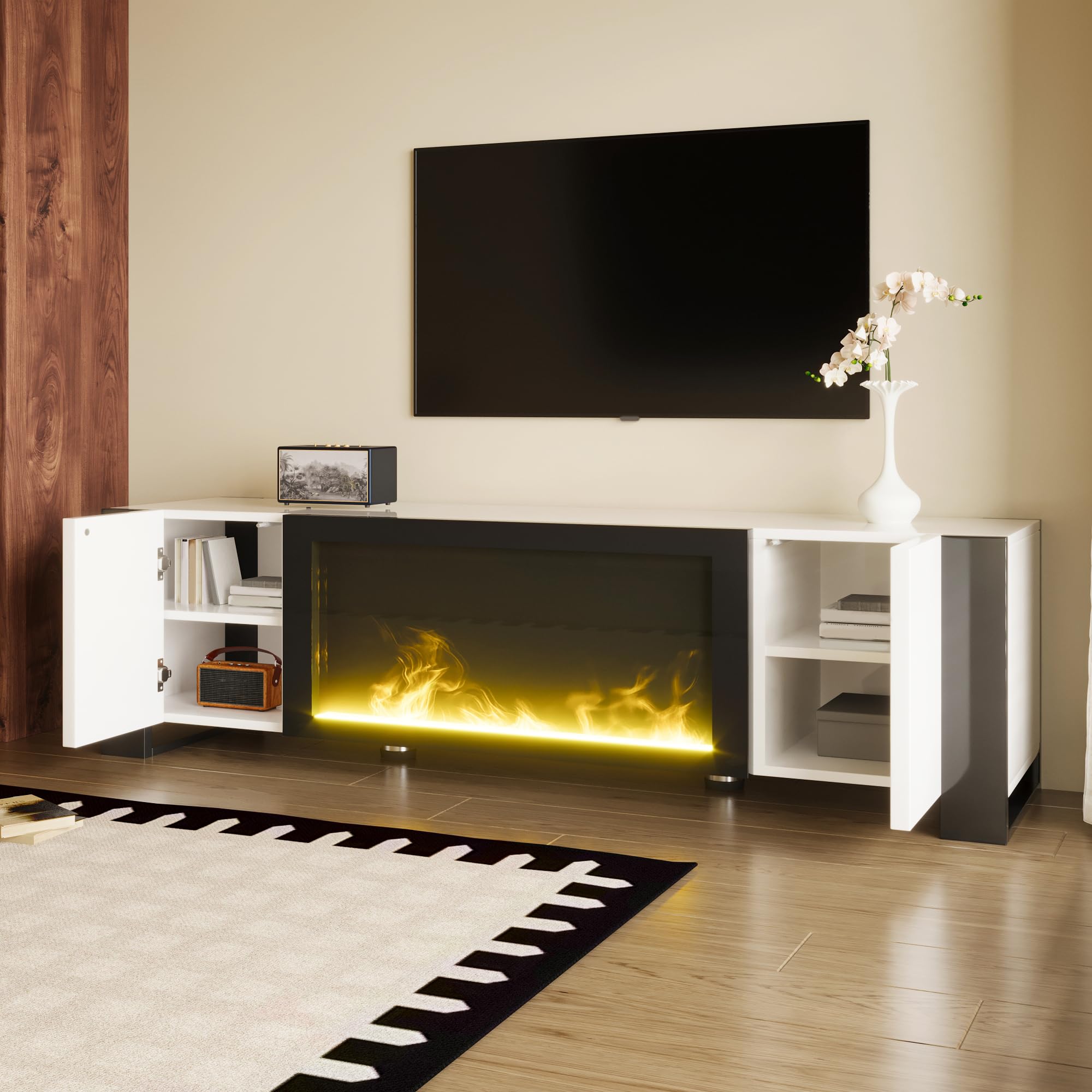 Homgoday Soporte para TV con Chimenea Eléctrica Decorativa, Mueble para TV de 2 Puertas con Estantes, Diseño Moderno Blanco de Alto Brillo con Patas Negras, para Salón y Entretenimiento
