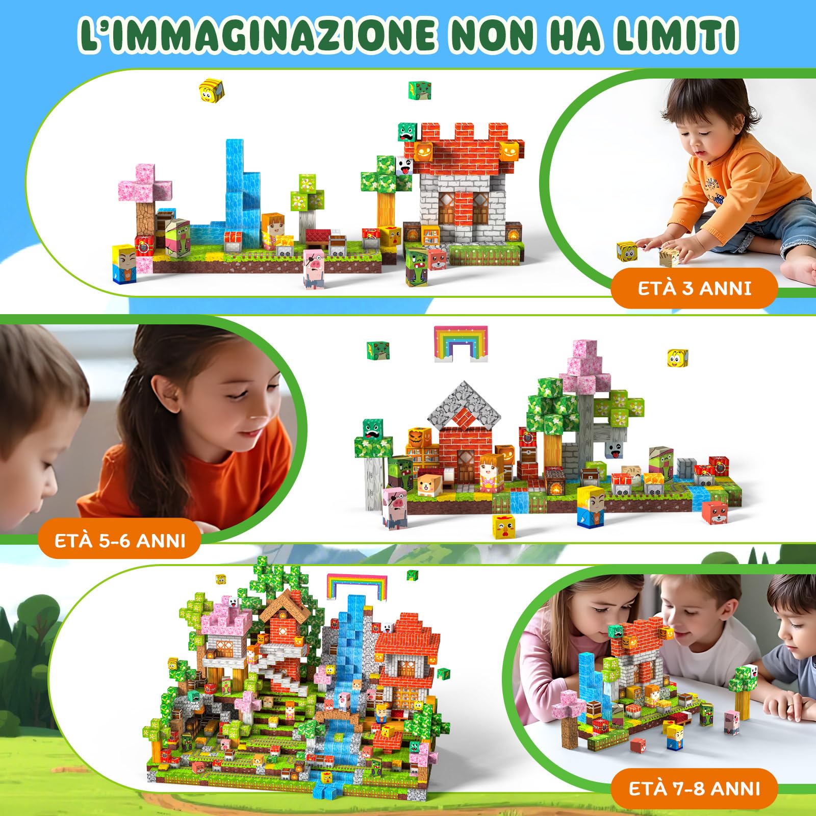 Costruzioni Magnetiche per Bambini 220 PCS 2CM 3+. Giochi cubi magnetici Montessori, blocchi magnetic building blocks, giocattoli per bambini da 3 a 12 anni, regali di compleanno ideali per ragazzi
