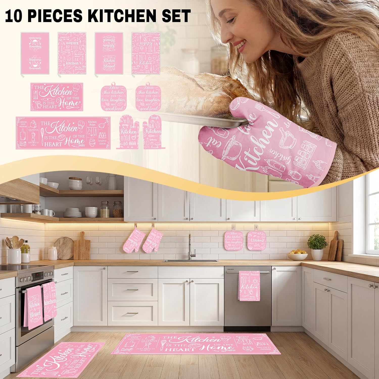 Pink Kitchen Accessories Set 10 Piece - Cute Baking Theme Kitchen Towels, Rugs, Oven Mitts and Pot Holders - Happiness is Homemade Retro Decor Gift for Baker, Mom, Women