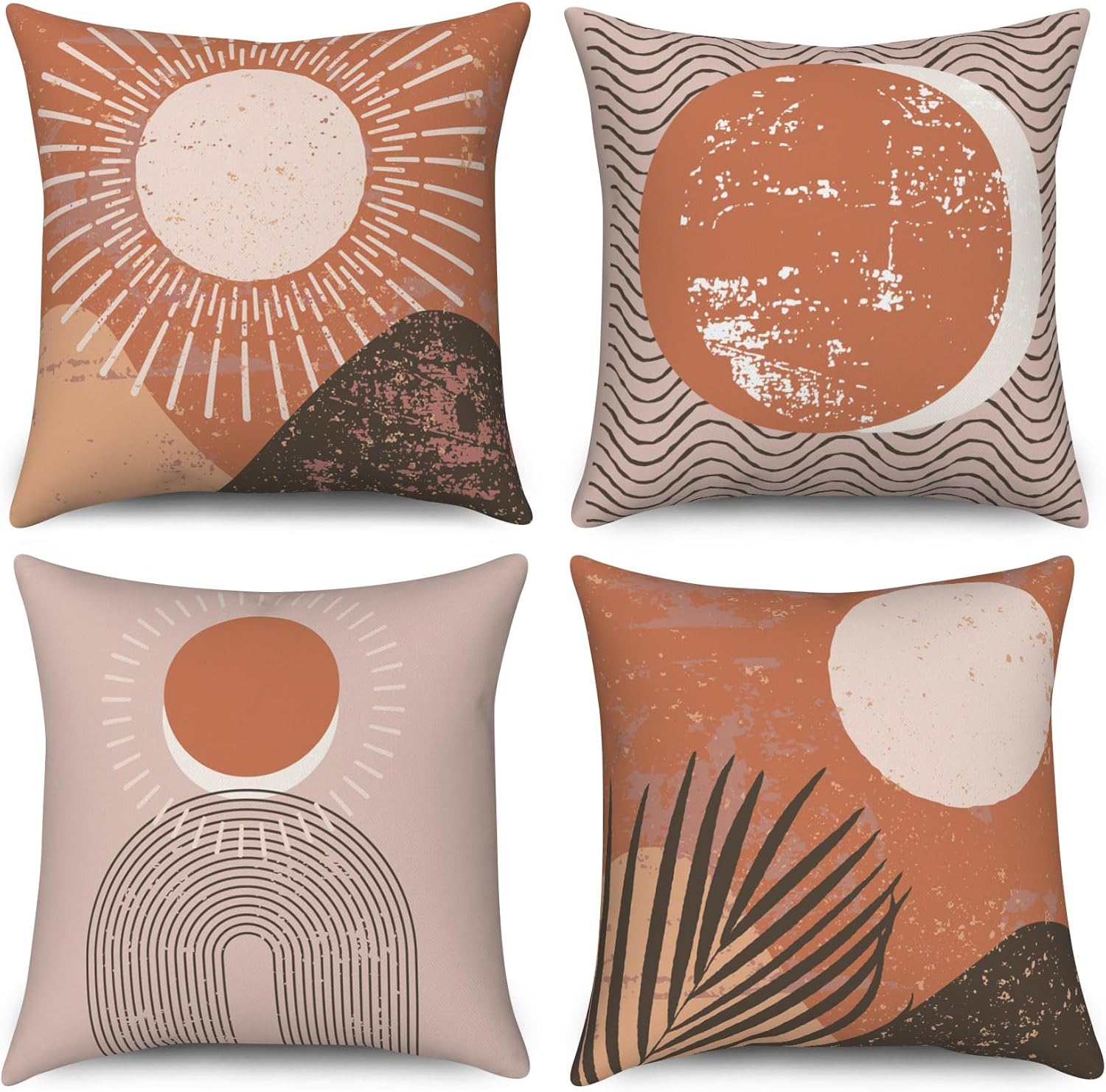 Boho Pillow Covers 20x20 Inch, Abstract Sunrise Throw Pillow Covers Terracotta and Beige Linen Pillow Cases for Sofa Couch Car, Set of 4 (No Inserts)