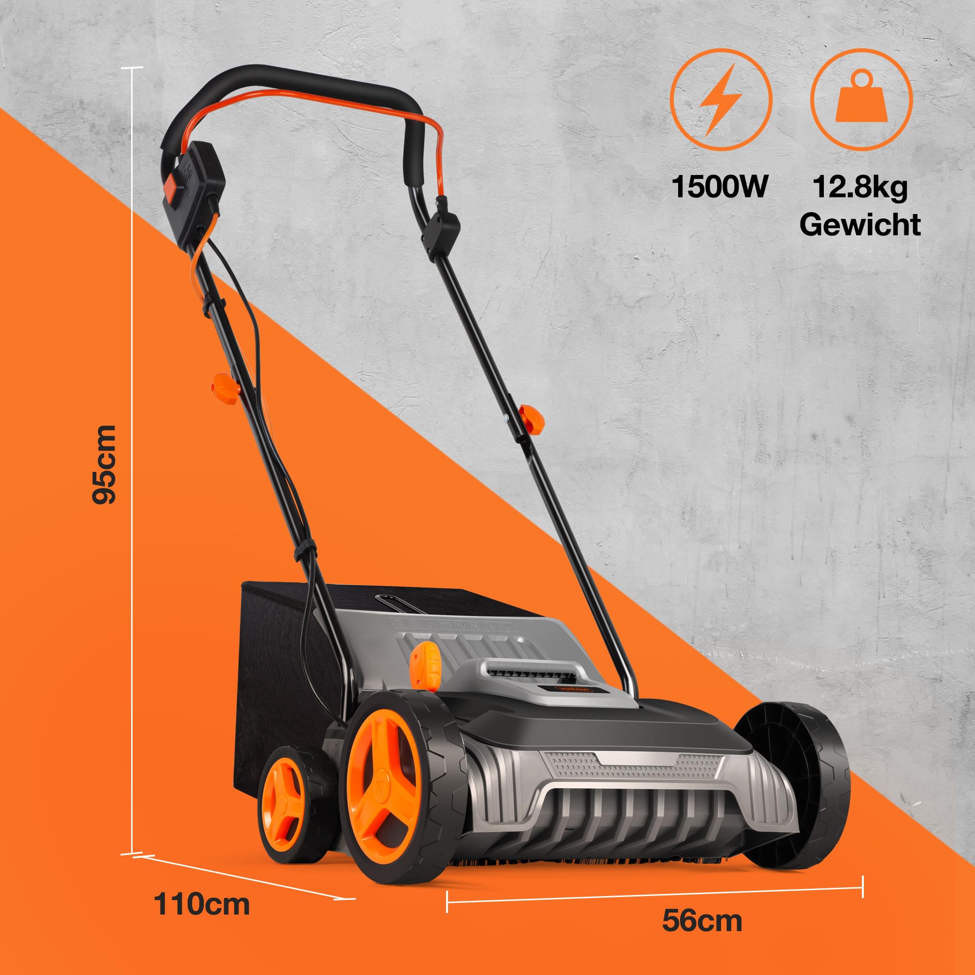 VonHaus Kunstrasenbürste 1500W, Laubsammler für Kunstrasen, Elektrische Kunstrasen Kehrmaschine Reiniger, 35 L Fangsack, 5 Einstellbare Höhen, 330 mm Arbeitsbreite, Klappbarer Handgriff