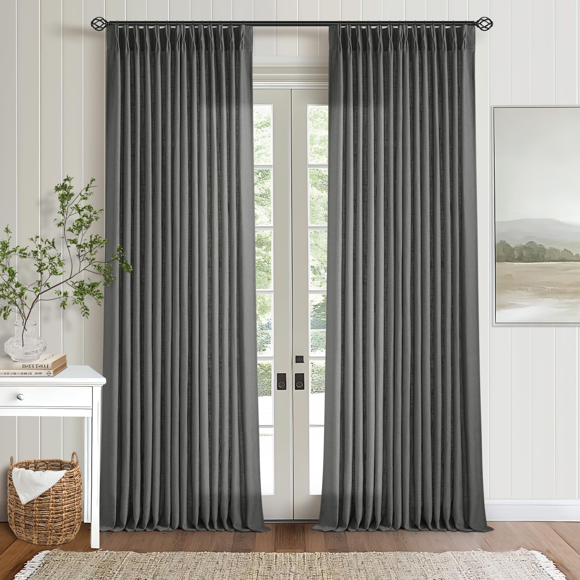 Charcoal Gray Linen Pinch Pleat Semi Sheer 120 Inch Curtains 2 Panels Set