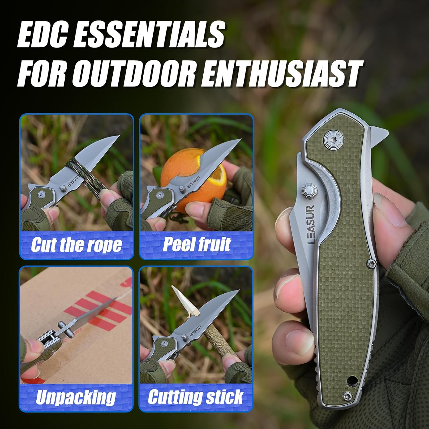 Folding Knife for men women, EDC Tactical Knife with 3'' D2 Steel Blade and G10 Handle, Liner Lock&Thumb Stud, Gift for Birthday Fishing Hunting Camping Survival