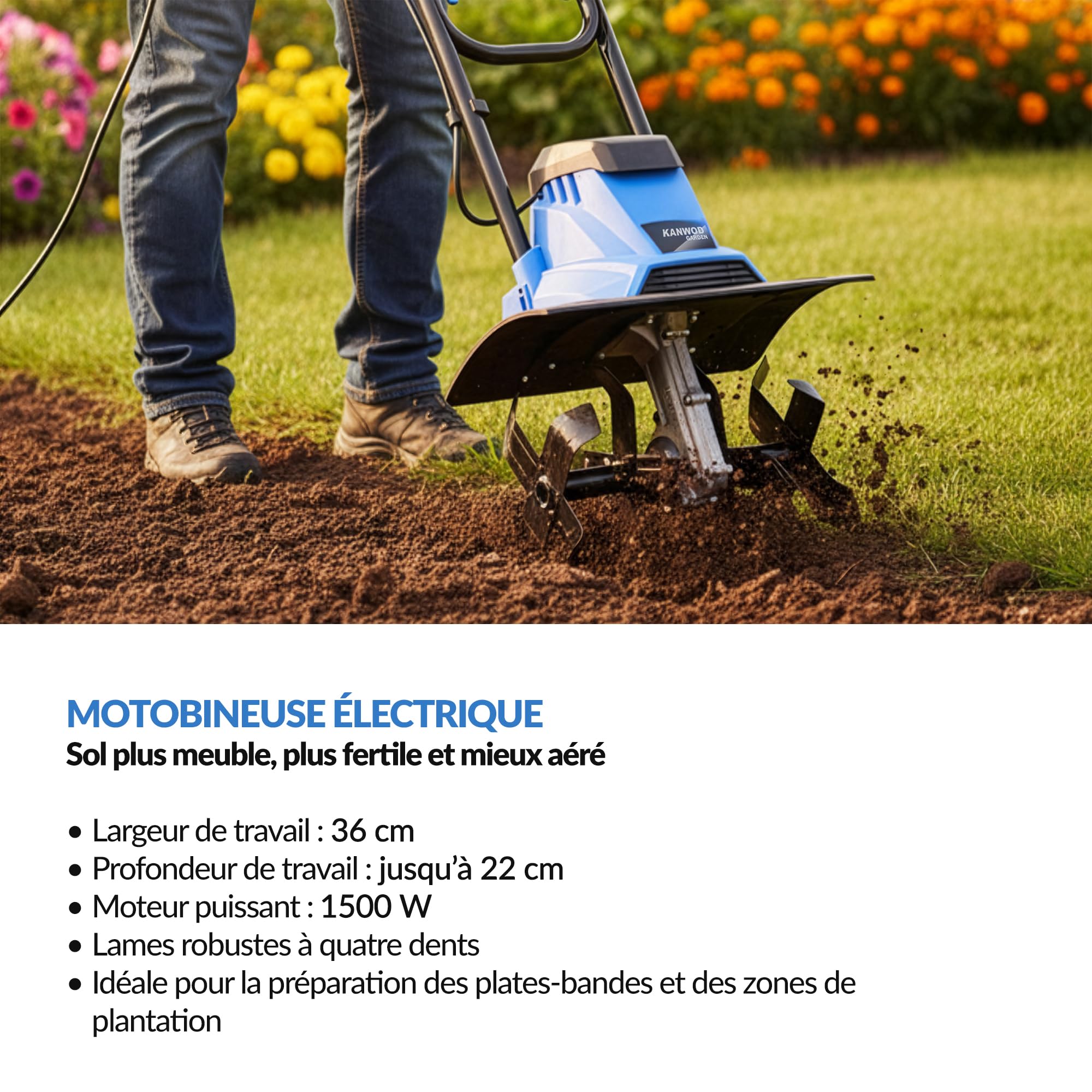KANWOD Motobineuse Électrique, 1500 W, Largeur 36 cm & Profondeur 22 cm de Travail, Poignée Pliable, Lames Robustes à 4 Bras, pour Retourner et Aérer la Terre, Noir/Bleu