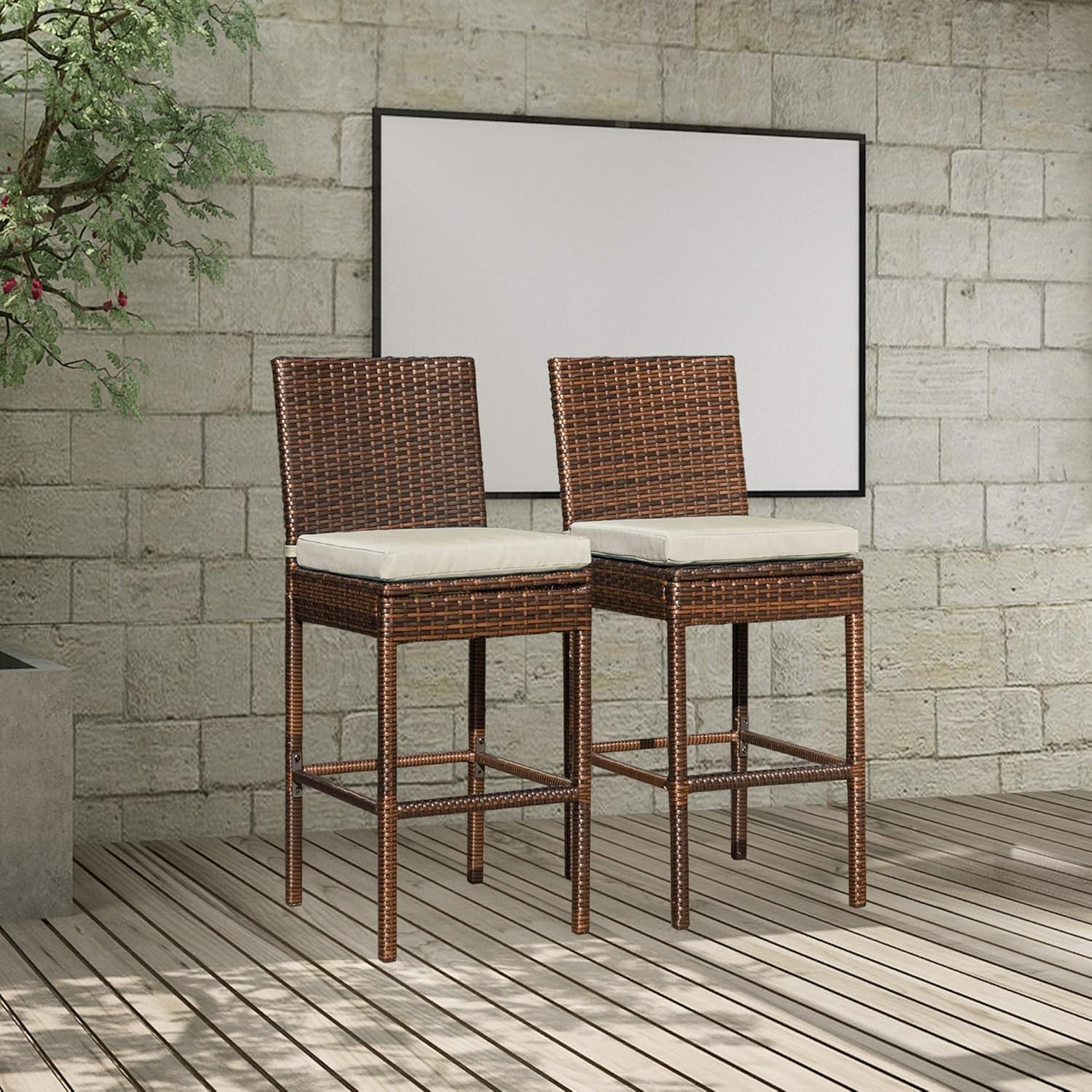 Sundale Outdoor Bar Stools Set of 2, Wicker Rattan Bar Stool Armless, 2 Piece Wicker Chairs, Patio Bar Chair with Cushion Beige, All-Weather Outdoor Rattan Furniture - Aluminum, Brown : Patio, Lawn & Garden