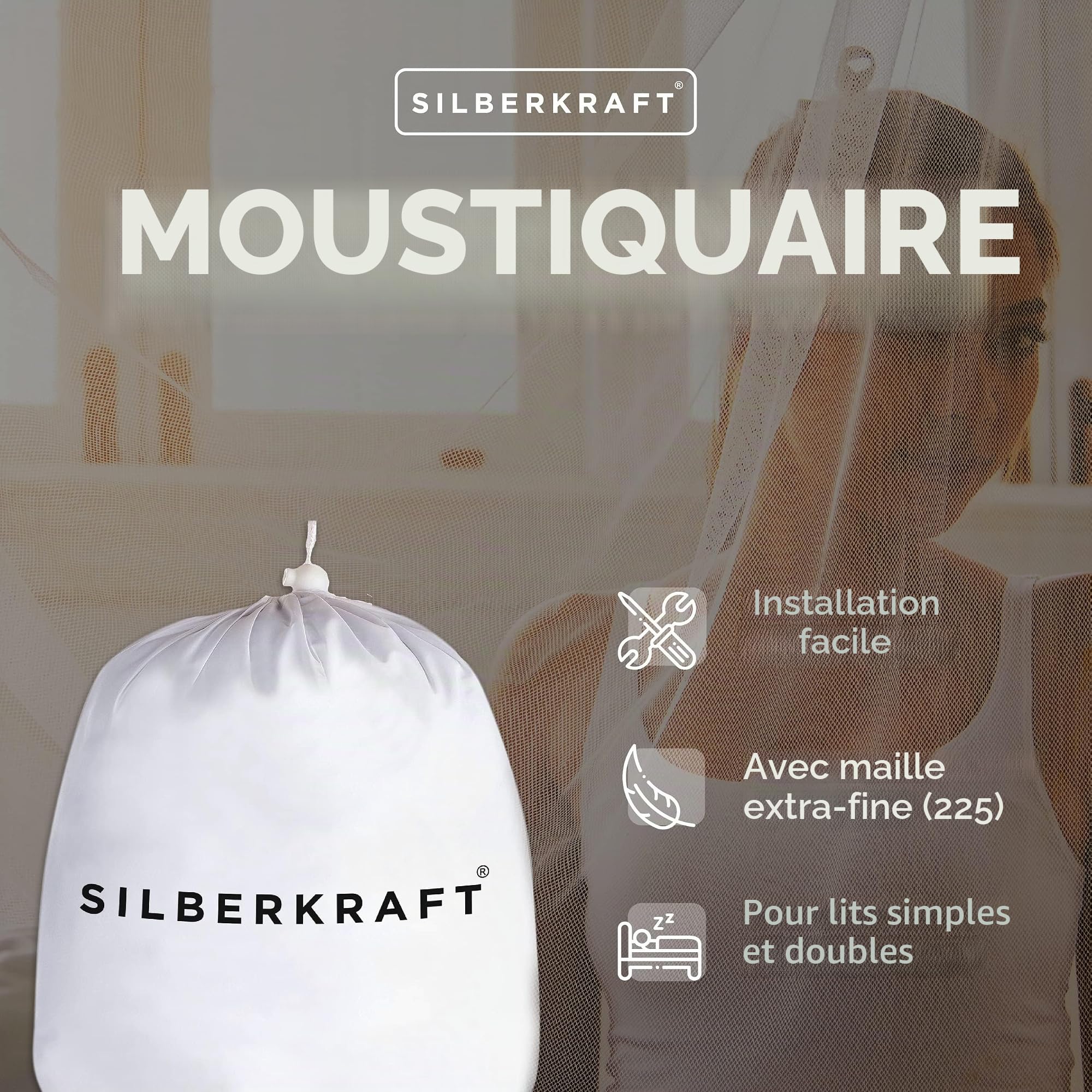 Silberkraft Moustiquaire de qualité supérieure avec crochets et chevilles, XXL pour lit double, moustiquaire pour voyage et à la maison, avec sac de transport