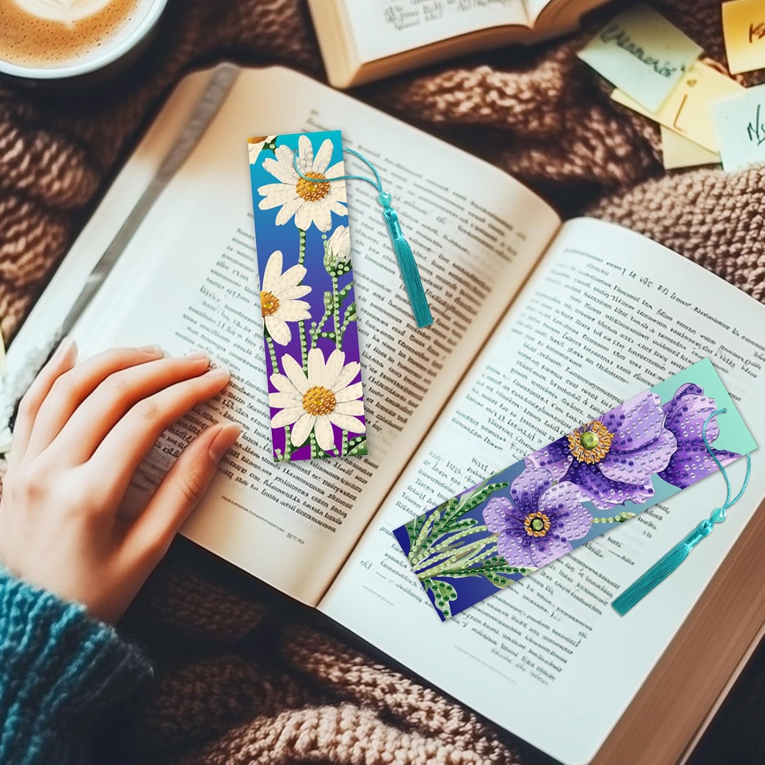 10Pcs Mixed Floral 5D Diamond Art Bookmarks Flowers Diamond DIY Painting Bookmarks Rhinestones Beaded Tassel Acrylic Bookmark for Adult Beginner Crafts