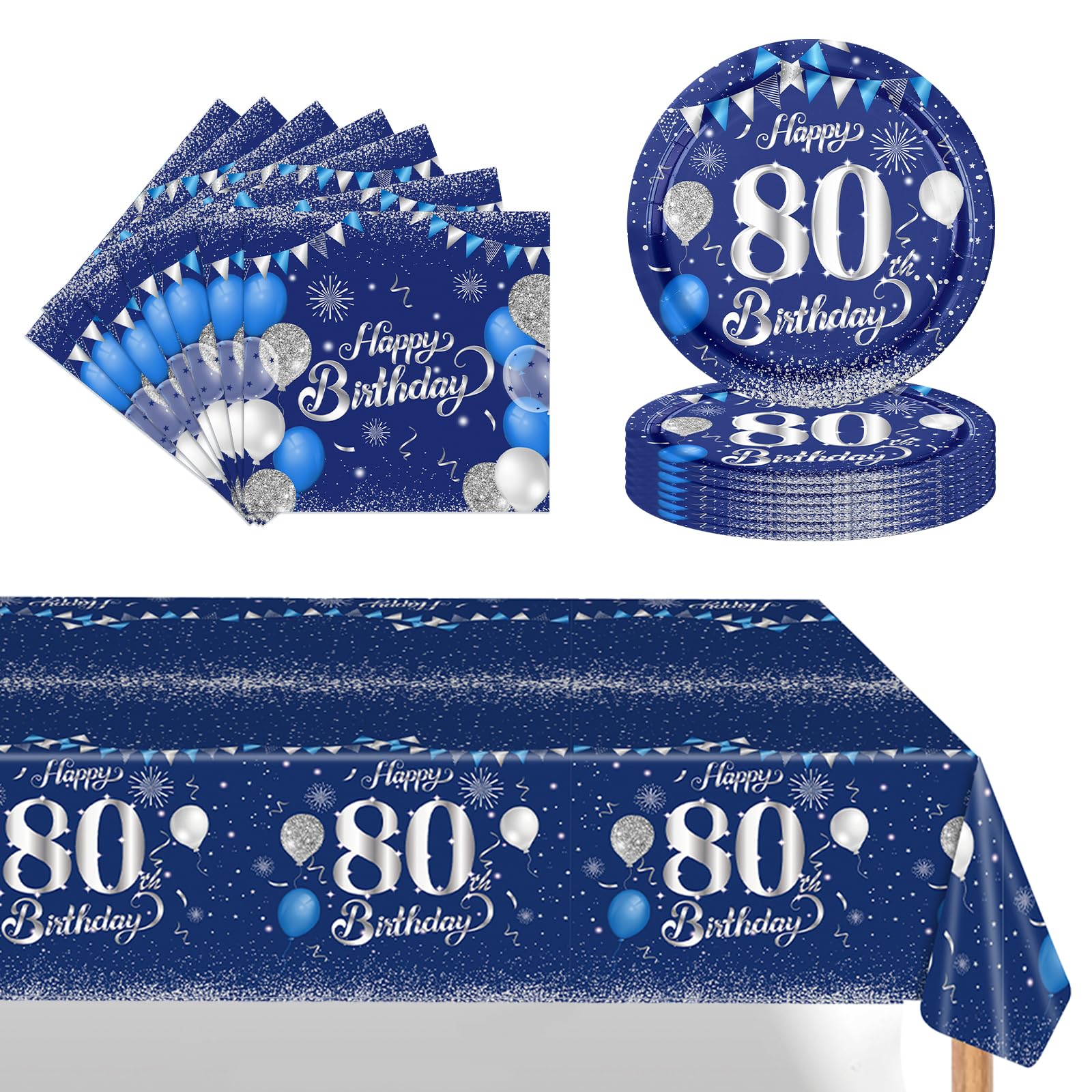 POPOYU 37Pcs Navy Blue Silver 80th Birthday Tableware Set,80th Birthday Napkins Blue and Silver,80th BlueSilver Table Cloth,80thBirthday Paper Plates for Him Her Men Women BirthdayGift Party Supplies