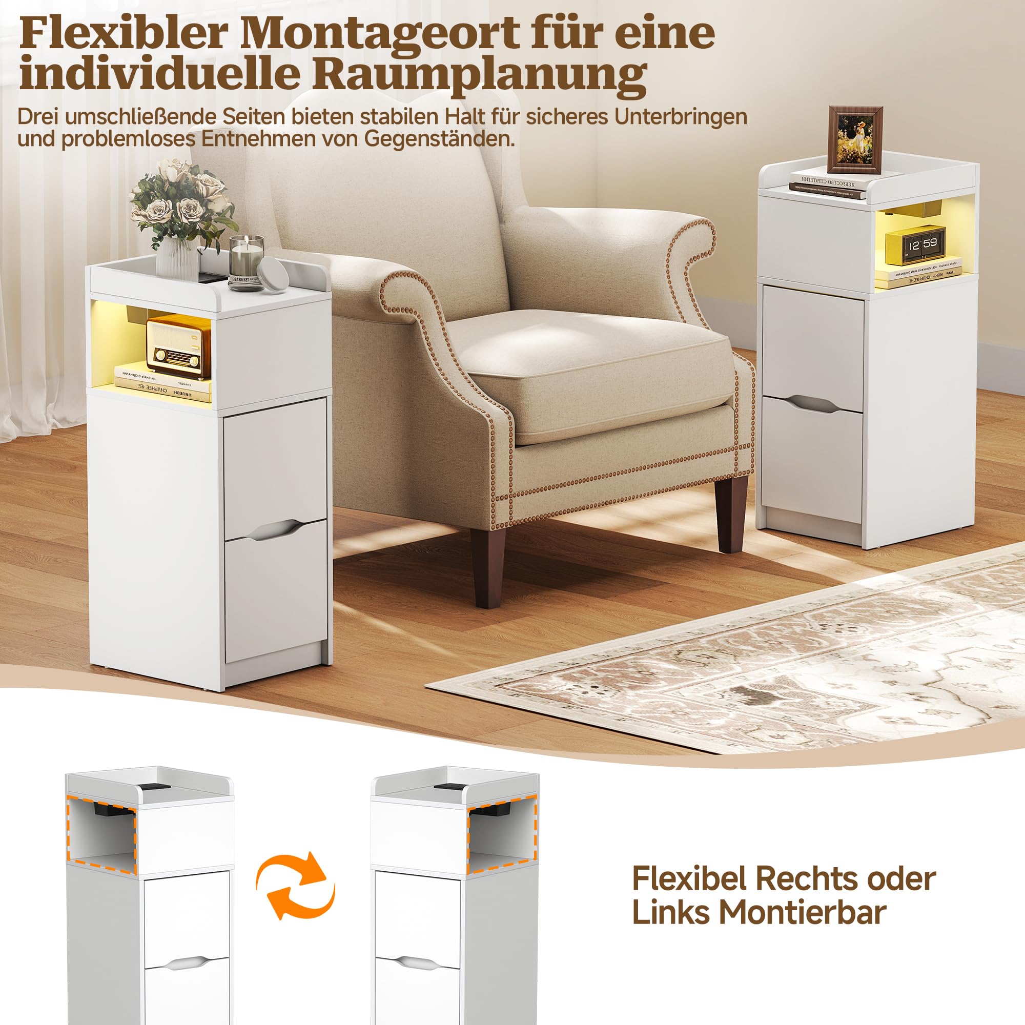 Quikraen Nachttisch Schmal mit Steckdose und LED, Weiß, 26.2x29.6x65 cm | mit 2 Schubladen, 1 offenes Fach, mit USB-/Typ-C sowie 2 wechselstromsteckdosen, 26.2x29.6x65 cm für Schlafzimmer