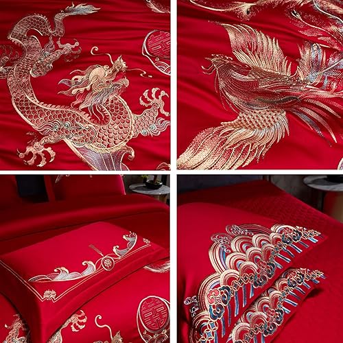 Miniatura 24 de Luxury Double Happiness Dragon and Phoenix Bird Embroidery Chinese Wedding Red Bedding Set King Queen Size 100% Cotton Embroider Red Wedding Duvet
