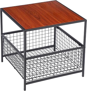 ZENY Side Table with Storage Basket 20 Inch Black Frame End Table, Nightstand Storage Shelf for Living Room Bedroom Kitchen and Office