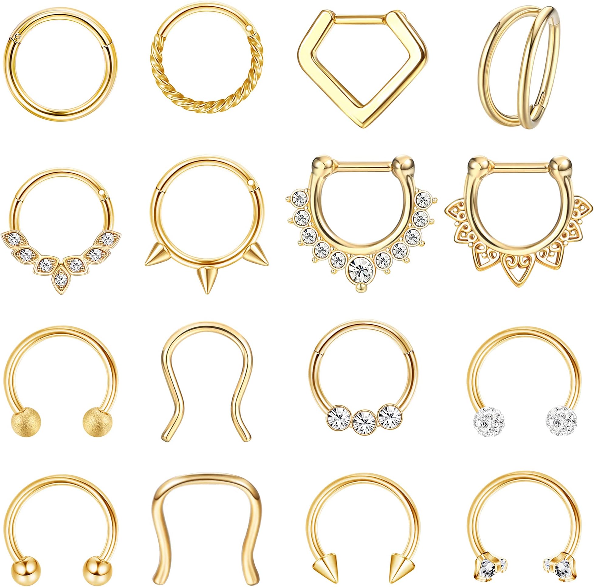 Hypoallergenic Septum Rings 16G 8mm Surgical Steel Clicker Nose Rings Hoops Set Small Lip Cartilage Helix Daith Piercing Jewelry for Women Men 16 Pcs Gold Silver Black