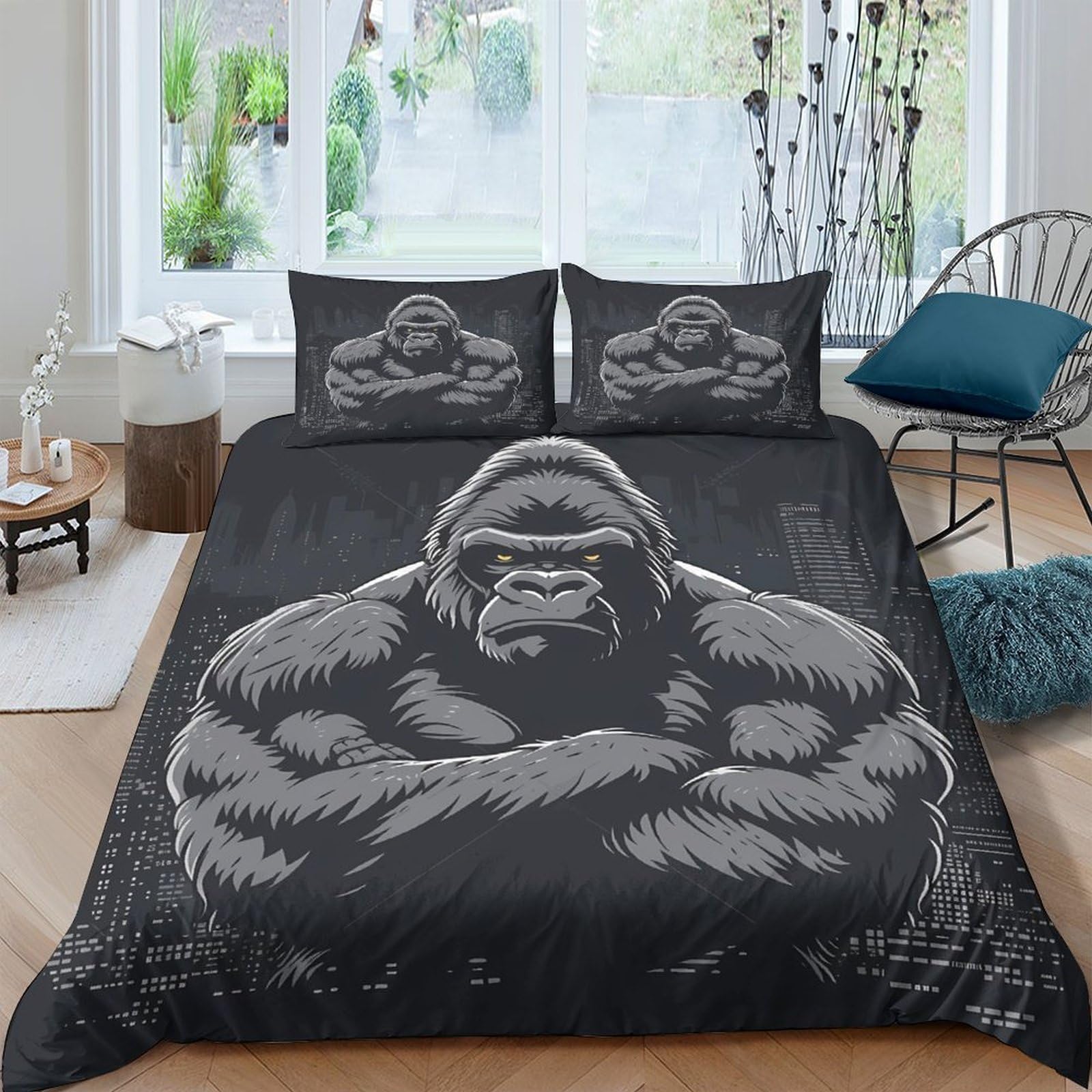 GPLZQXKJNH 3D Printed Gorilla Illustration Duvet Cover Microfiber Soft Breathable Animal Bedding Set with 2 Pillowcases for Bedroom Decor Single（135x200cm）