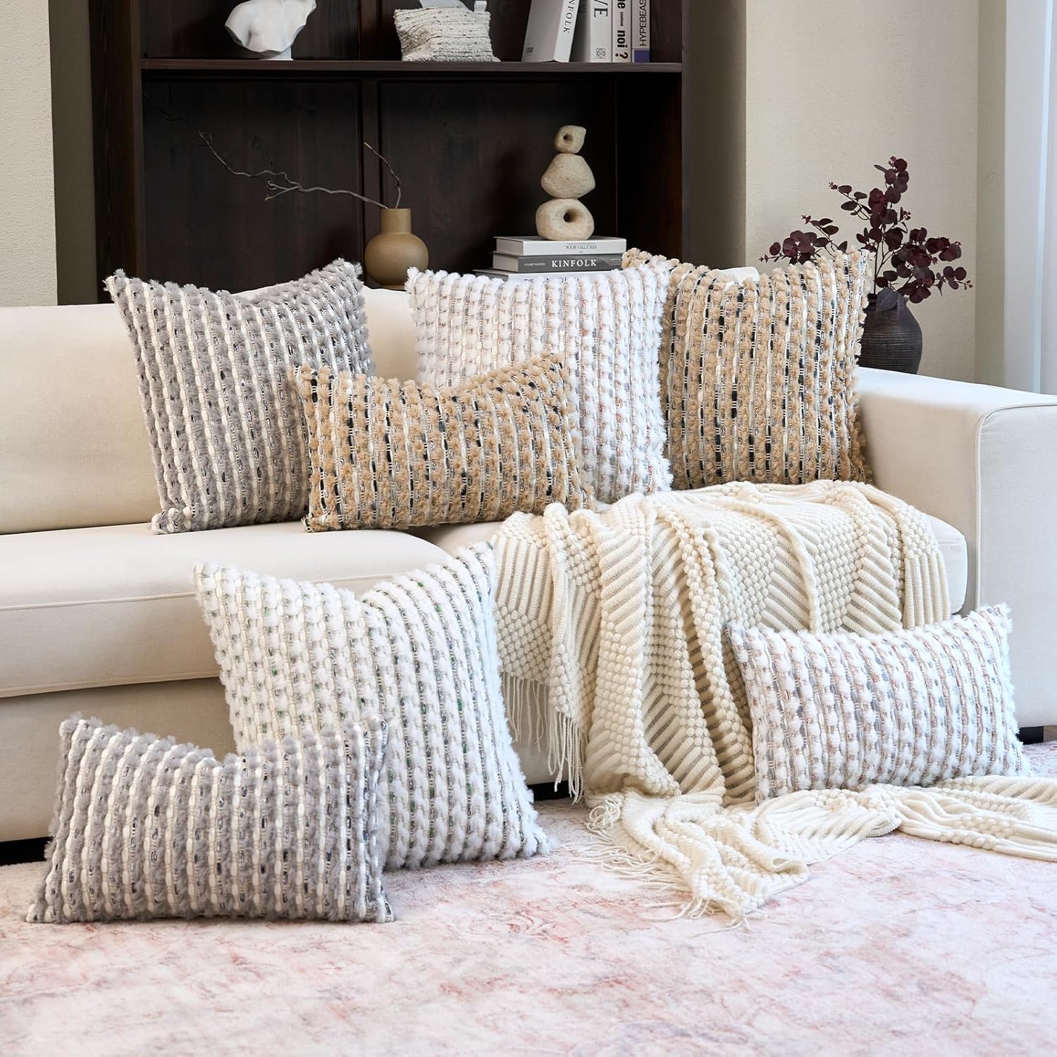 Aeckself Handmade Boho Chenille Tufted Pillow Cover 12x20 Inch, Rectangle Decorative Lumbar Throw Pillow Cover Neutral Pillowcase for Couch Bedroom Living Room, Grey Blue - Image 6