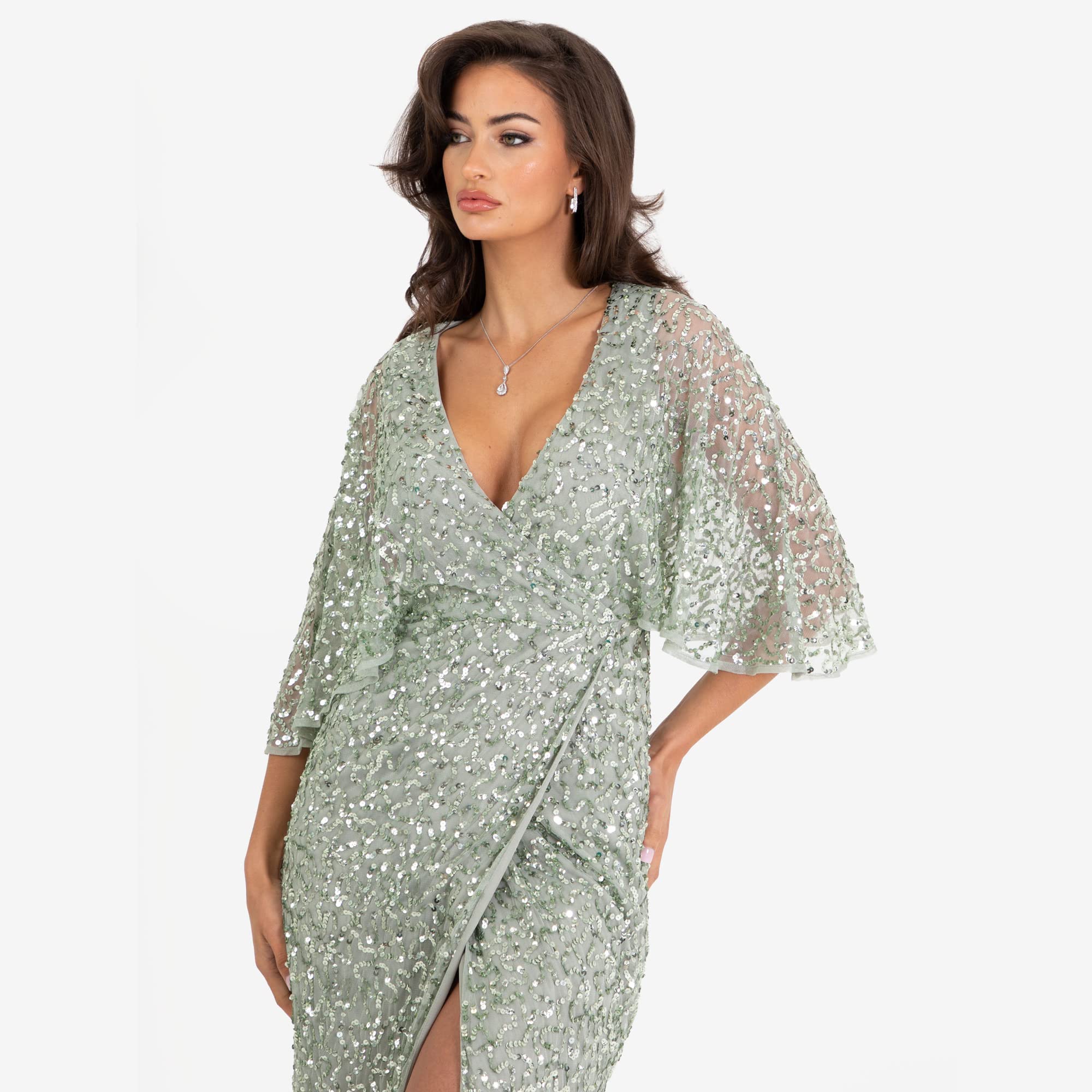 Maya Deluxe Sukienka Kobiety Womens Midi Dress Ladies Sequin Embellished Cape Sleeve Wrap Dress For Wedding Guest Bridesmaid Cocktail Prom Evening