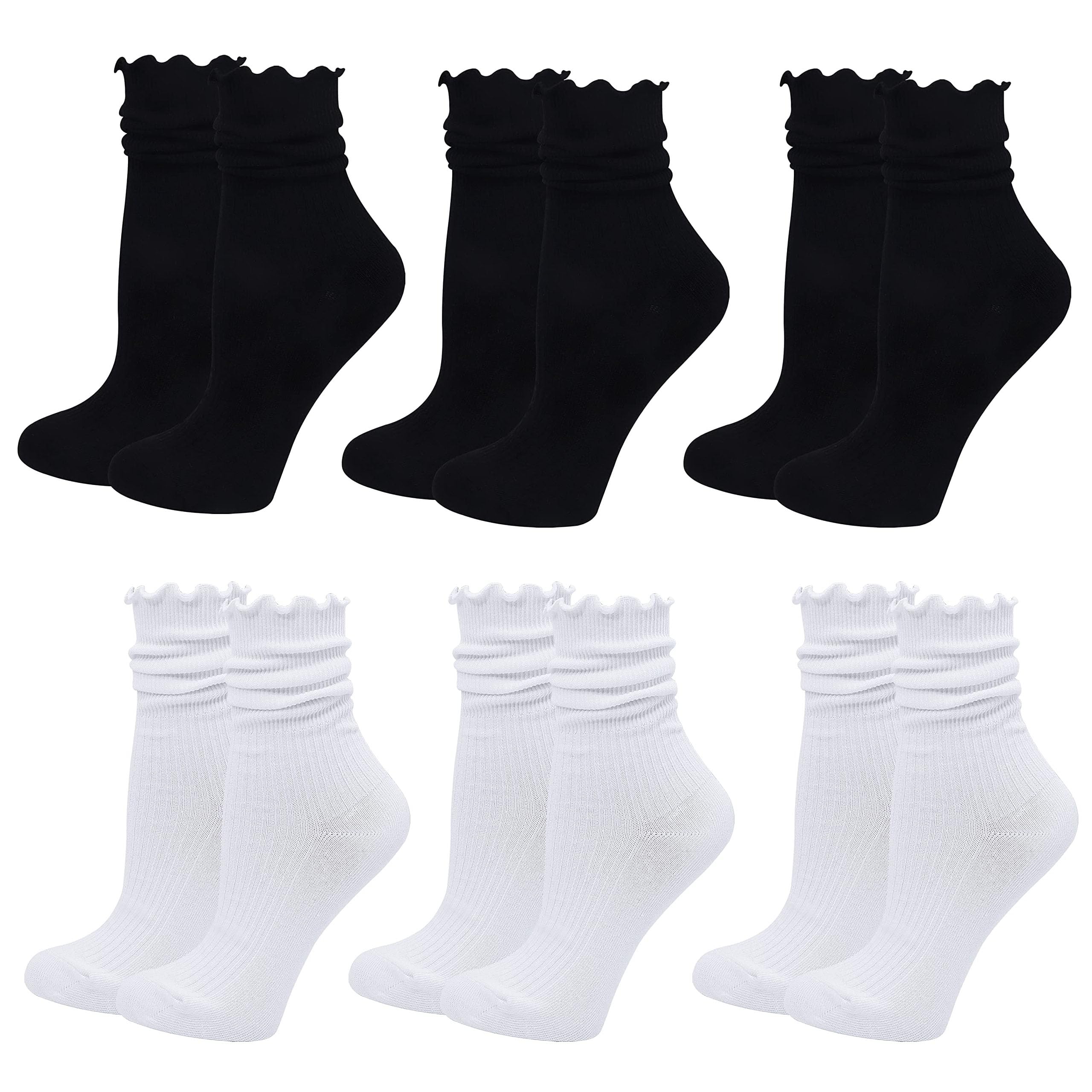Babahu Women's A01-3Black+3 White Ruffle Socks For Casual Cute Cotton Crew Socks, Frilly Novelty Knit Socks 6 Pairs