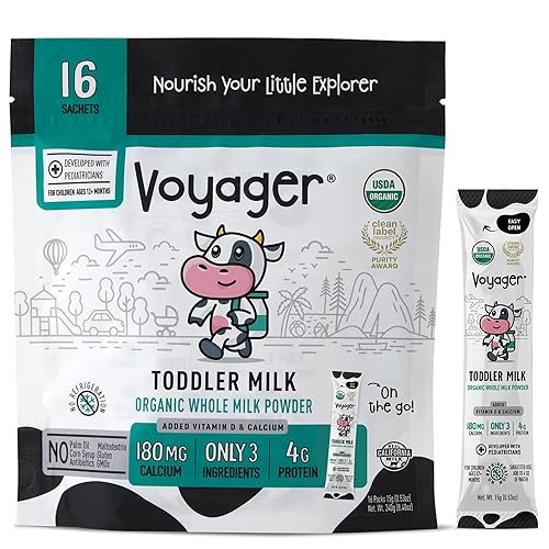 Miniatura 10 de Voyager - Leche entera en polvo orgánica para niños pequeños en marcha, apta para viajes, sin refrigeración, sin gluten, sin OMG y sin antibióticos