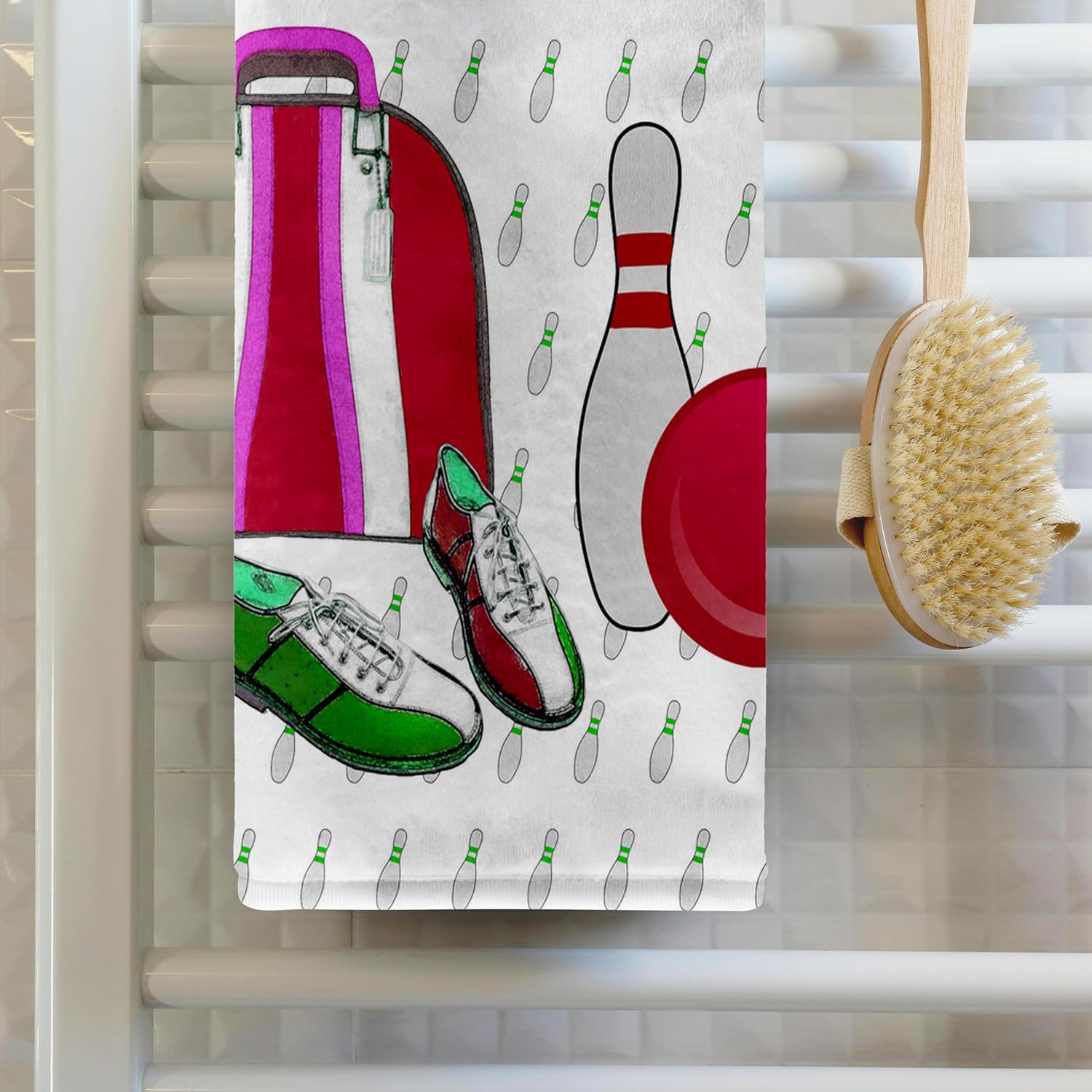 3dRose Lets Bowl, Bowling Ball, Pins, Shoes, and Bag, Red, Pink, Green 22x30 Bath Hand Pool Towel