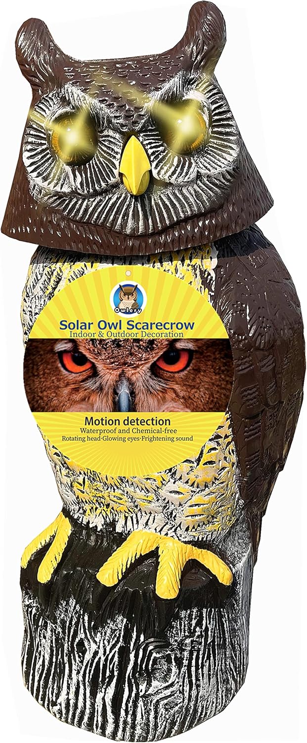 Owlery Búho de detección de movimiento y energía solar con ojos brillantes, sonido aterrador y cabeza giratoria, búho de jardín realista, decoración de jardín