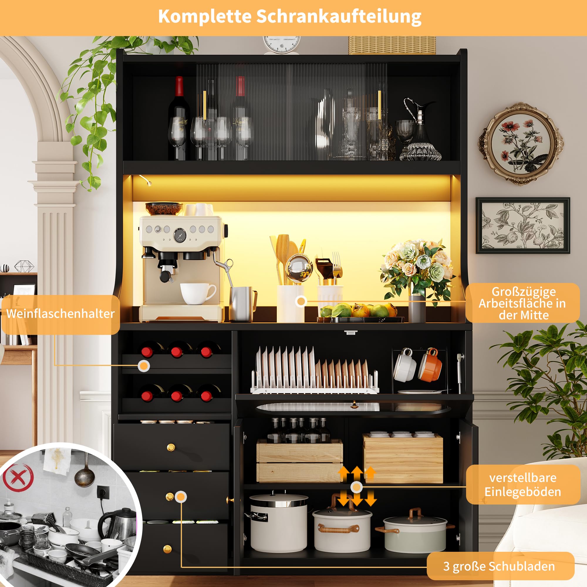 Mobile da cucina alto, 120 x 40 x 180 cm, con LED, cassetti e ante