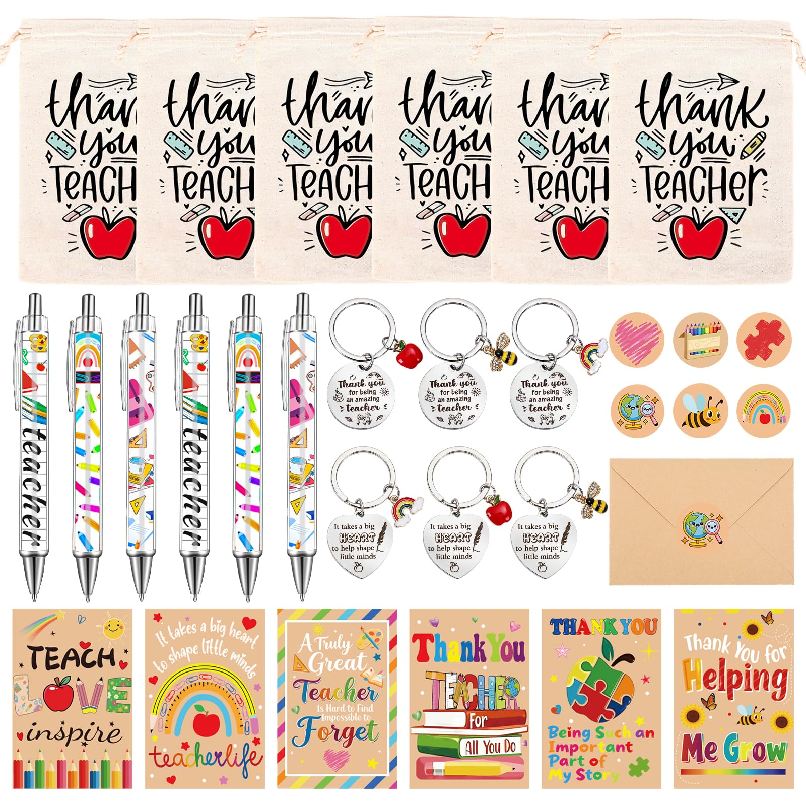Huiboome 6Pack Teacher Appreciation Gifts Bulk,Teacher Gifts with Thank You Cards Keychain Ballpoint Pens Drawstring Bags, End of Year Gifts for Nursery,Mentor,Teachers,Teaching Assistant,.