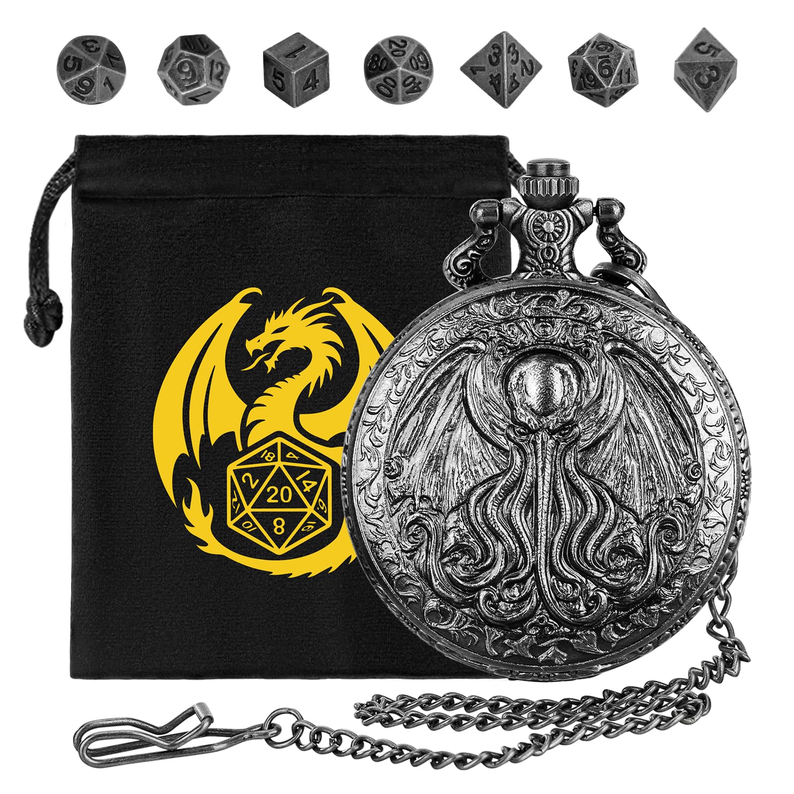 Mini DND Dice Set, Steampunk Octopus with Wings, Pocket Watch Shell Case, 7-Piece Polyhedral Metal D&D Dice - Image 2
