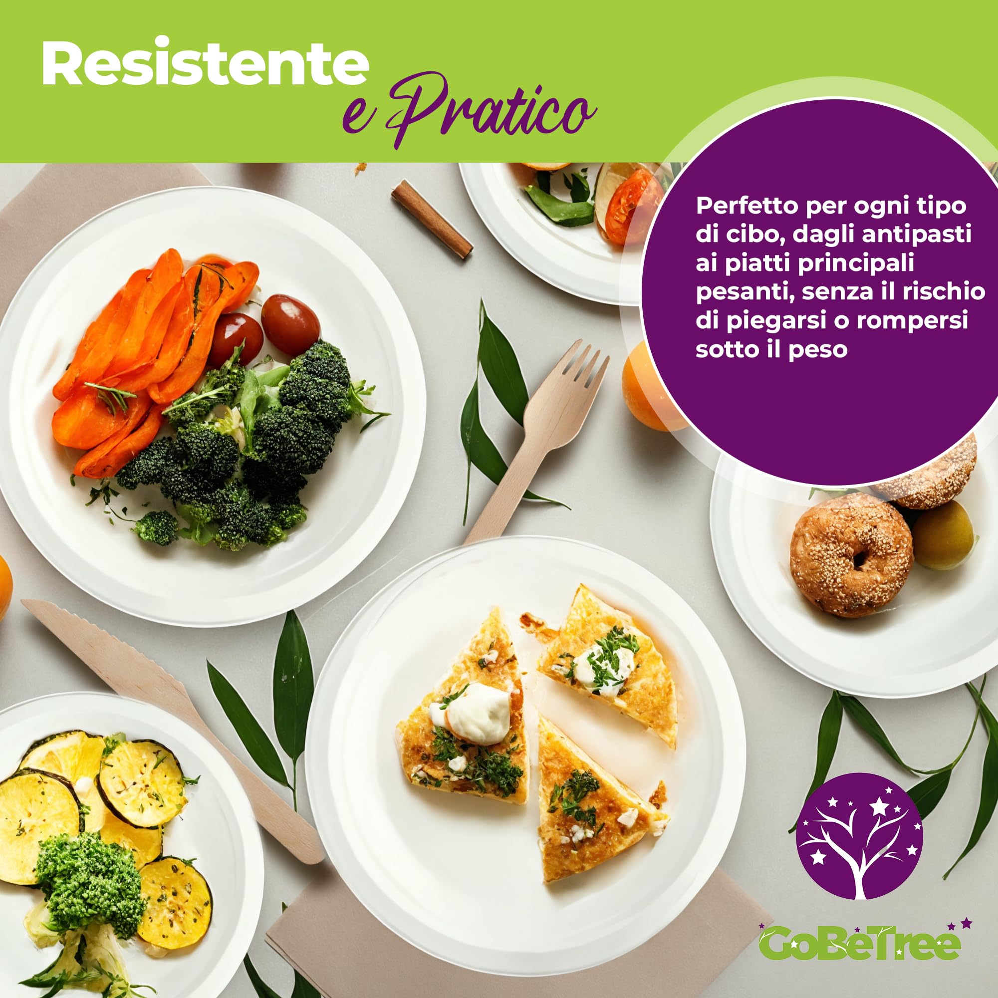 GoBeTree Stoviglie usa e getta di 200 pezzi per 25 persone. Stoviglie ecologiche fatte di canna da zucchero. Include 50 piatti, 75 posate di legno, 25 bicchieri di carta kraft e 50 tovaglioli.