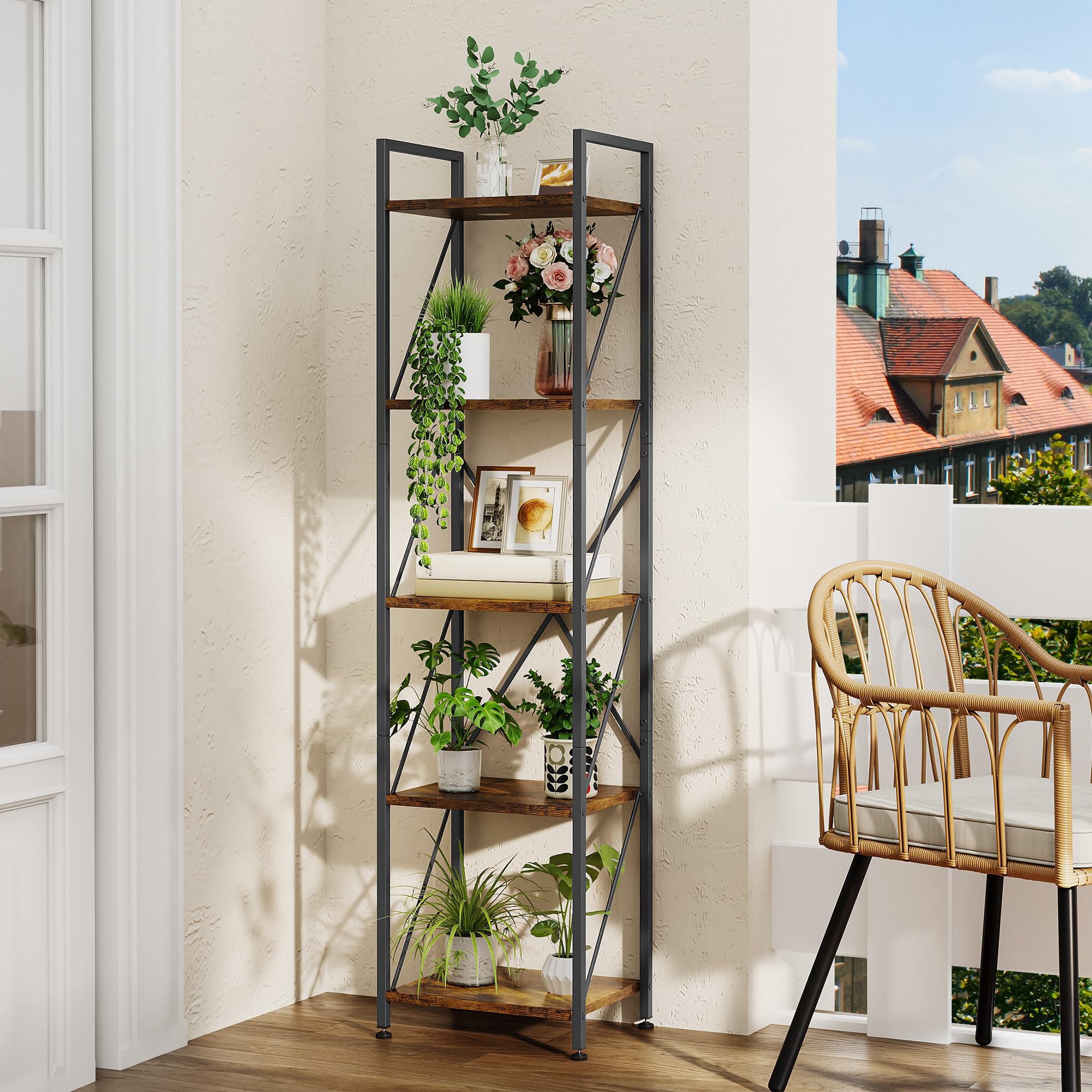 YITAHOME Bibliothèque à 5 Niveaux, Bibliothèque Industrielle, Étagère Autoportante, Étagère en Bois et Cadre en Métal, Support de Rangement pour Salon Bureau Cuisine Chambre à Coucher, Marron Rustique