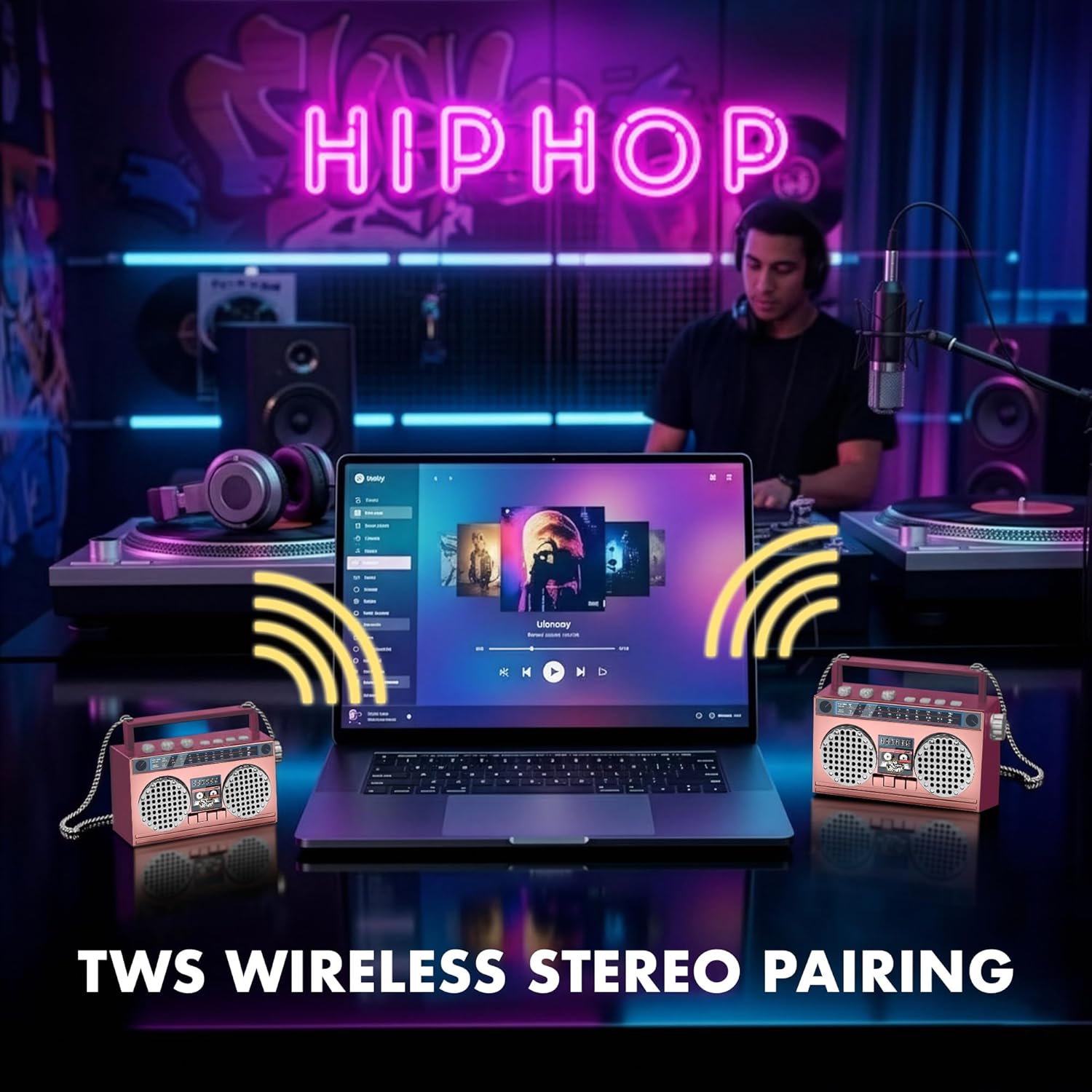 Portable Bluetooth Speakers, Retro Speakers Bluetooth Wireless Wearable Mini Bluetooth Boombox with 27” Neck Chain, FM Radio, On-Board Buttons, Dual 3W Peak Power Bluetooth Speaker for Home & Travel