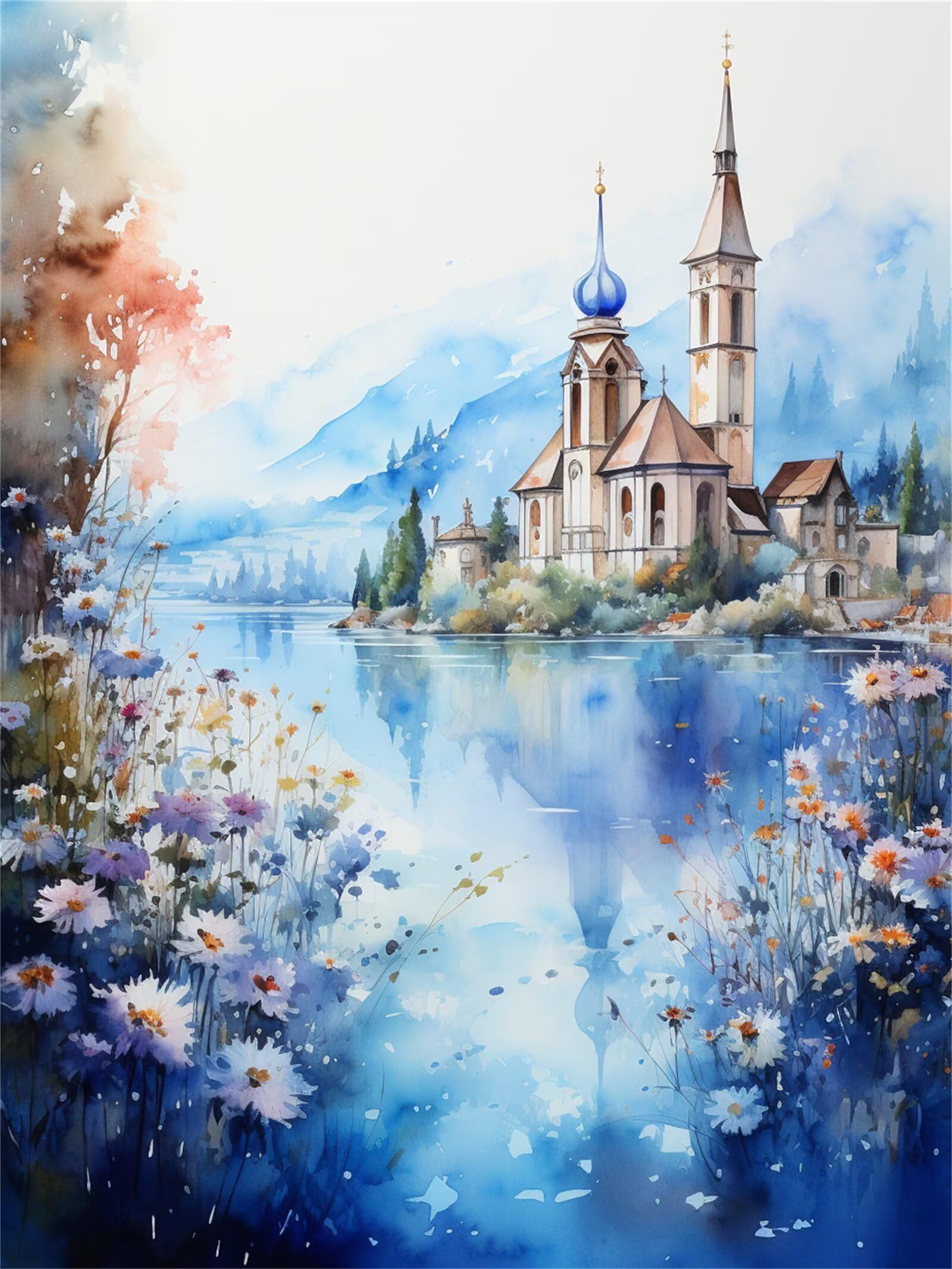 Peinture diamant adulte anti stress grand format château fleuri 36x48