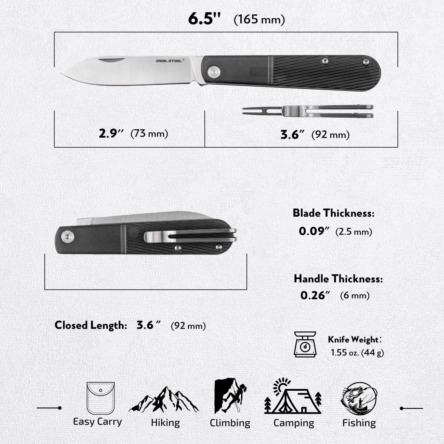 REALSTEEL Real Barlow RB-1 Pocket Knife,Folding Knives,Detachable Fork Clip,2.87" 12C27 Steel Satin Blade,1.5oz,Slipjoint,Nail Nick,EDC Indoor,Daily Use,Gift for Men Women(Black Drop Point)