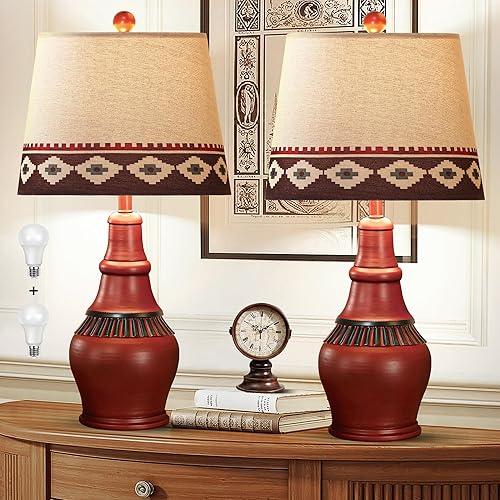 Hamucd Juego de 2 lámparas de mesa rústicas occidentales para sala de estar, 3 colores de temperatura regulable, lámparas de noche de granja del