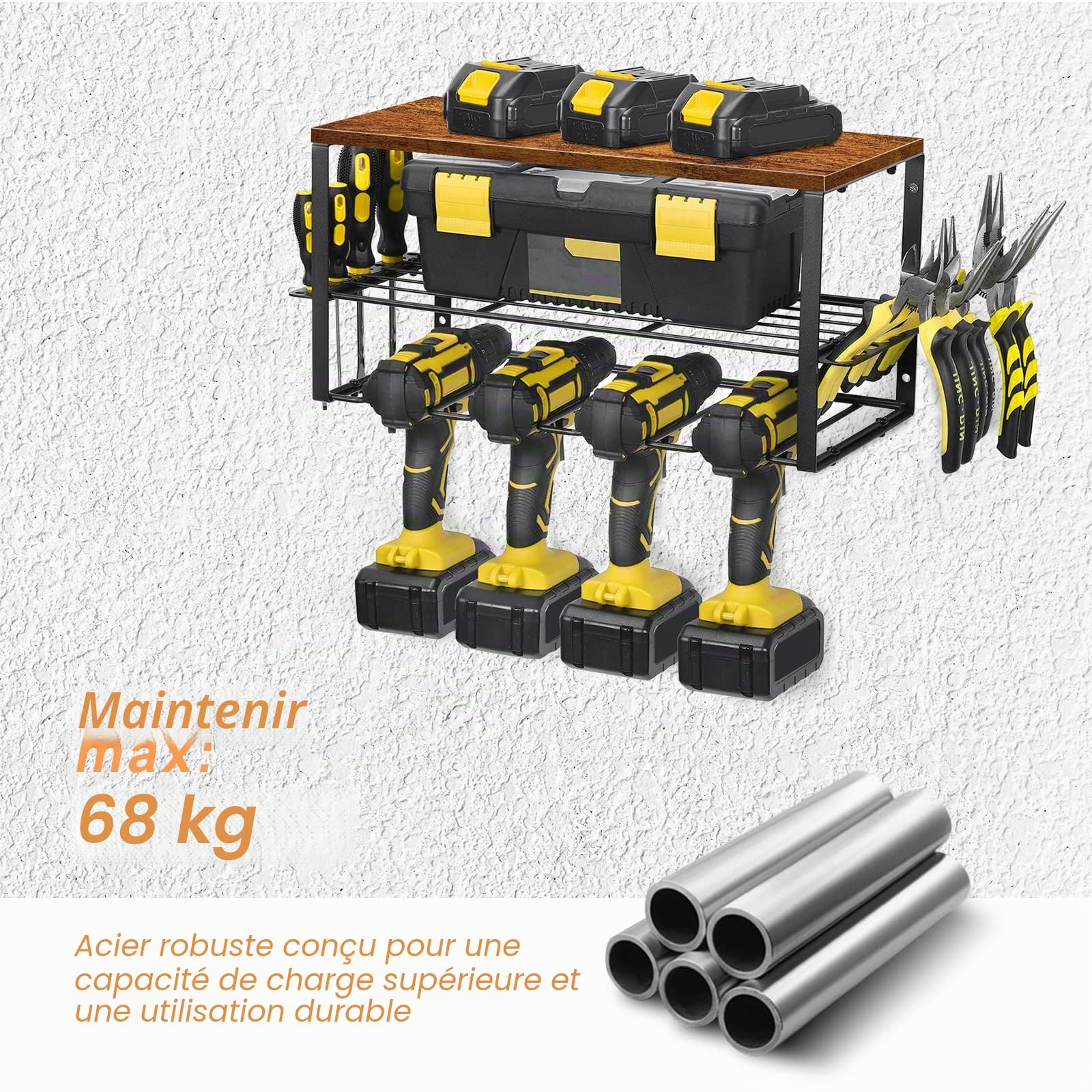 Nandae Organisateur Mural pour Outils électriques, porte-outils pour 4 perceuses, 3 emplacements avec Rangement tournevis latéral pour garage, atelier