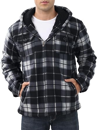 Mens Flannel Shirt Jacket Fleece Sherpa Lined Plaid Jackets Warm Thick Coat Full Zip Up Hoodie Winter Outwear