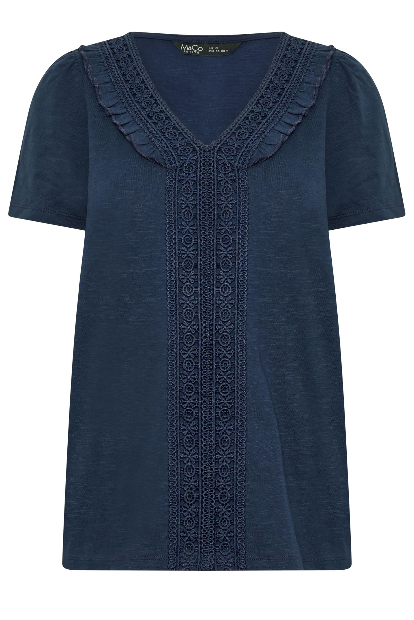 M&Co Women's Mid Navy Petite Short Sleeve Frill Cotton Blouse In | : Size 18