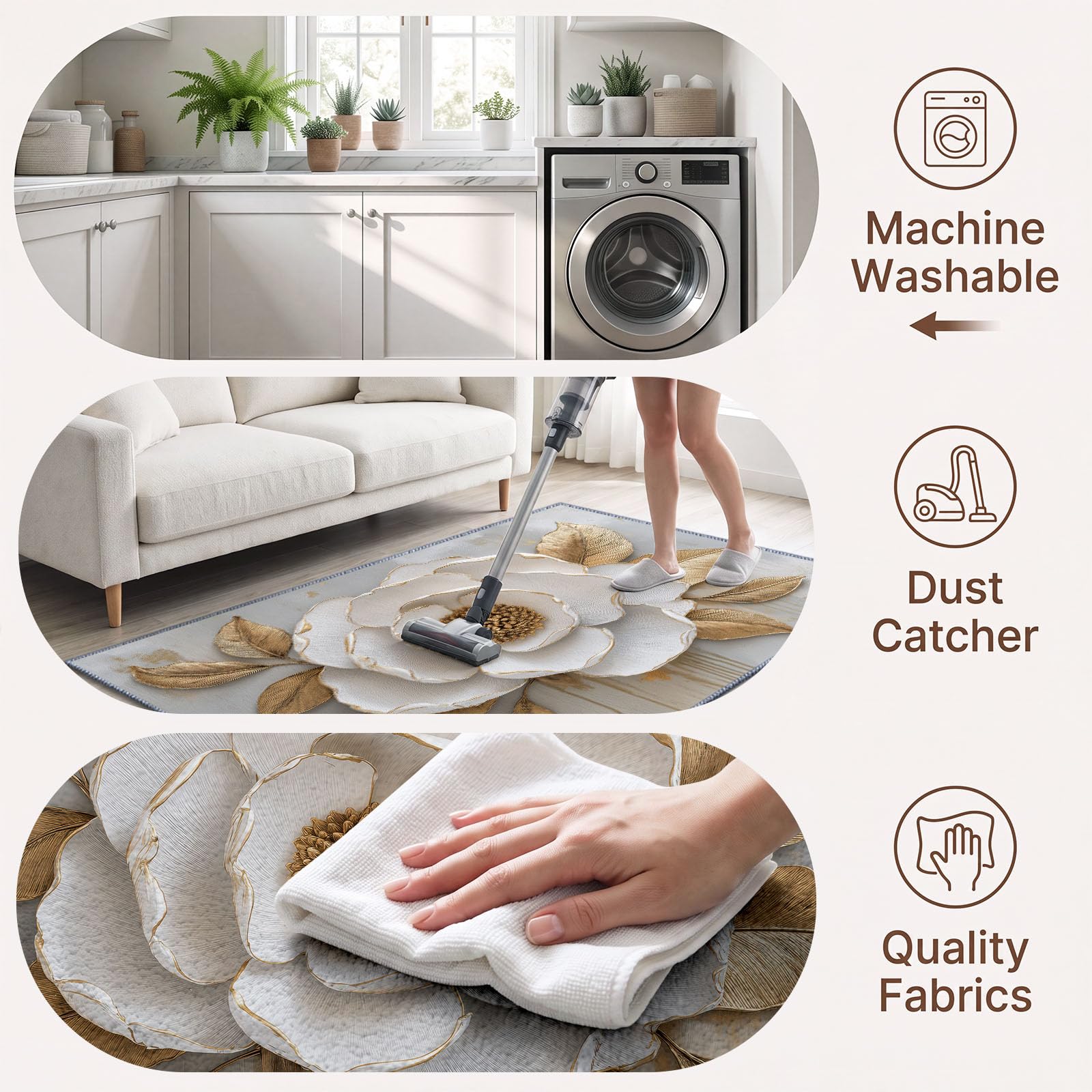 Générique Tapis Antidérapant Floral Relief 3D 80 x 150 cm, Tapis Doux Poil Ras Pivoine Blanche Bordure Métallique Lavable, Convient pour Chambre Salon Salle a Manger Bureau Cuisine Decoration
