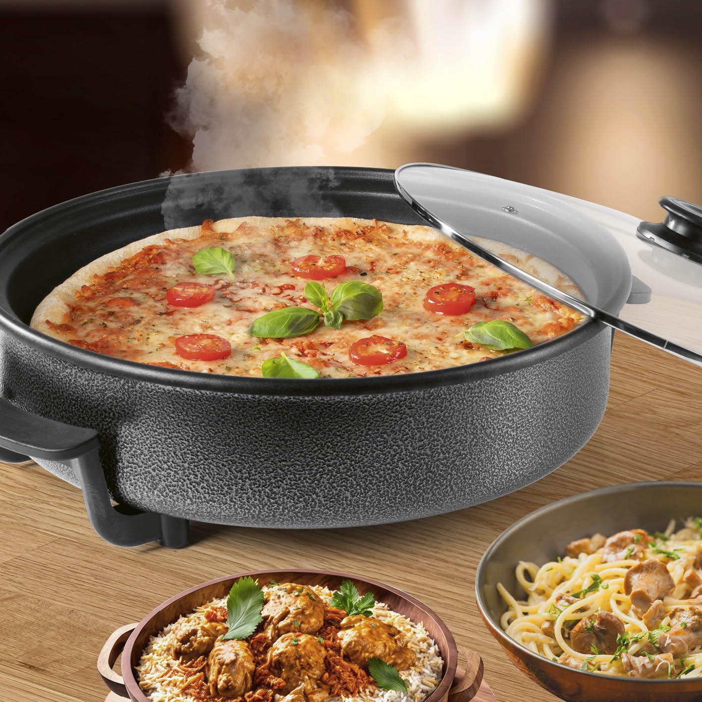 GOURMETmaxx Elektryczna patelnia wielofunkcyjna o średnicy 40 cm | z termostatem, szklaną pokrywką i powłoką zapobiegającą przywieraniu | pojemność XXL – optymalna jako patelnia do paelli, patelnia do