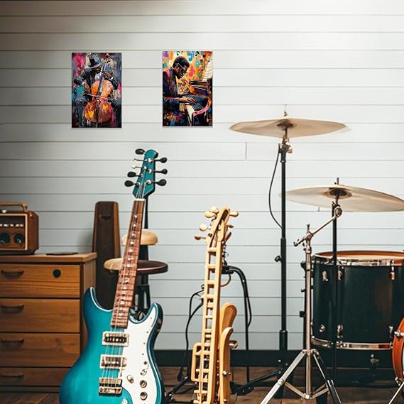 CCWACPP 2 Pieces Music Wall Art Prints Black Jazz Canvas Pictures African American Music Painting Musical Theme Room Bar Pub Home Decor Framed (16x24x2)