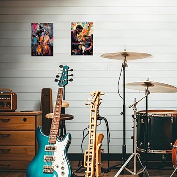 CCWACPP 2 Pieces Music Wall Art Prints Black Jazz Canvas Pictures African American Music Painting Musical Theme Room Bar Pub Home Decor Framed (16x24x2)