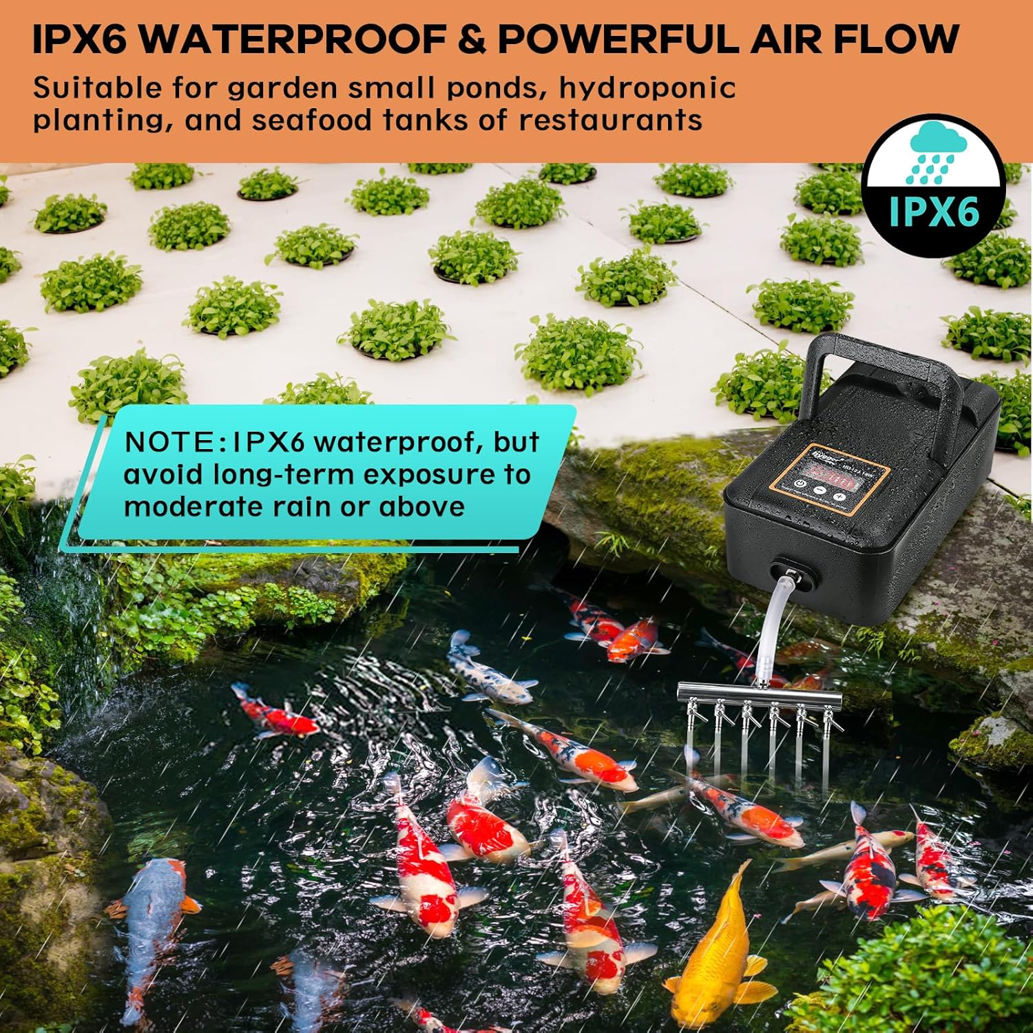 hygger Air Pump in a pond with rain, highlighting IPX6 waterproof rating
