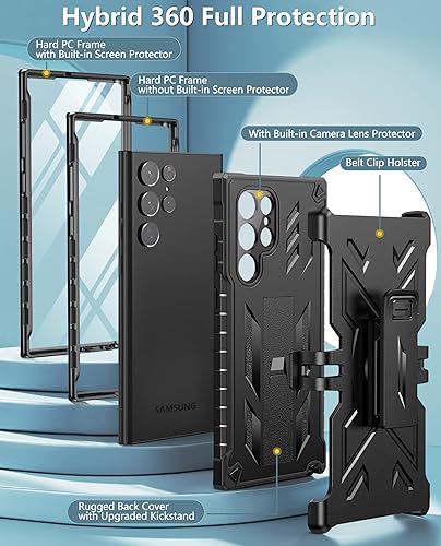 Miniatura 5 de FNTCASE Funda para Samsung Galaxy S22 Ultra protector de pantalla integrado y soporte y funda con clip para cinturón, cubierta protectora de doble