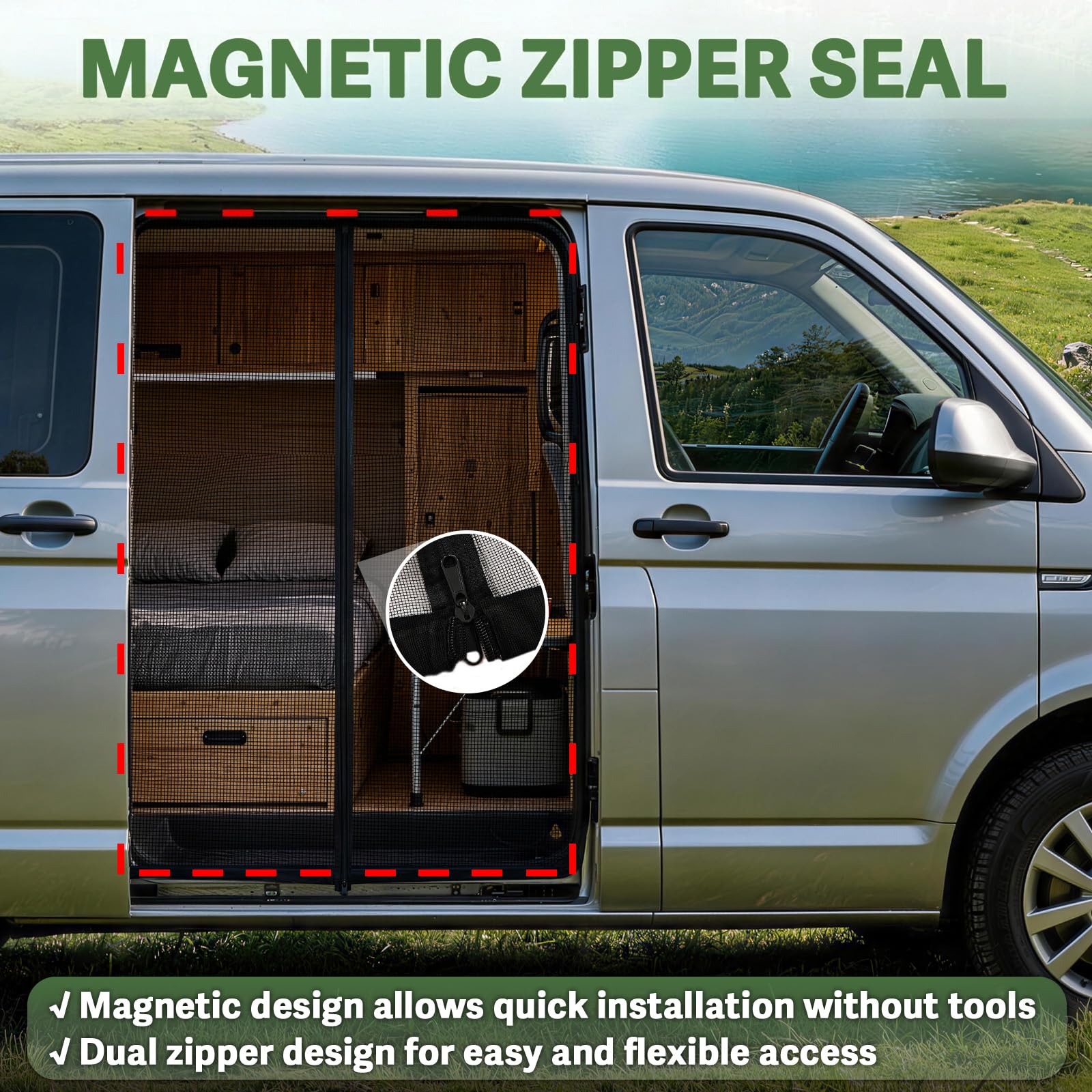ZATOOTO Moskitiera Magnetyczna Do Drzwi Przesuwnych VW T5 T6 Z Zamkiem Błyskawicznym Siatka Na Komary Z Dobrą Widocznością Ulepszona Wersja Do Kampera