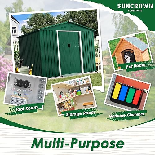 Miniatura 3 de SUNCROWN Cobertizo de almacenamiento de jardín al aire libre, herramienta de almacenamiento de patio de 6 x 8 pies con puerta corredera para equipo