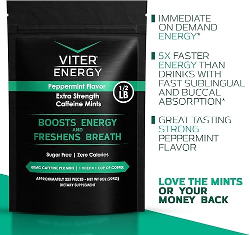 Miniatura 4 de Viter Energy Mentas con cafeína extra fuertes, 80 mg de cafeína, vitaminas B, sin azúcar. (menta, 8 onzas, bolsa a granel)