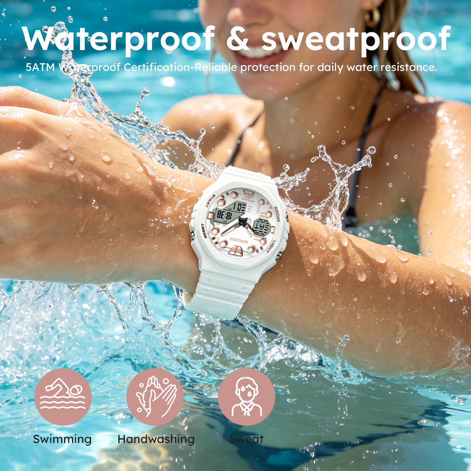 Reloj digital para mujer, reloj deportivo resistente al agua hasta 5 ATM