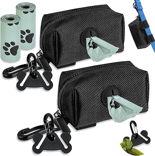 Dispensador de bolsas para excrementos de perro para accesorio de correa, 2 paquetes (negro), 16 rollos, soporte y bolsa de manos libres, se adapta